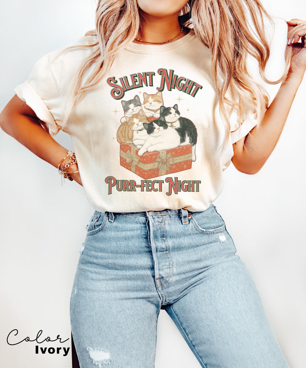 Meowy Christmas Cat Shirt, Silent Night Purrfect Night, Happy Cat Year Shirt,Funny Christmas Cat Shirt, Cat Lover Gift, Cat Xmas