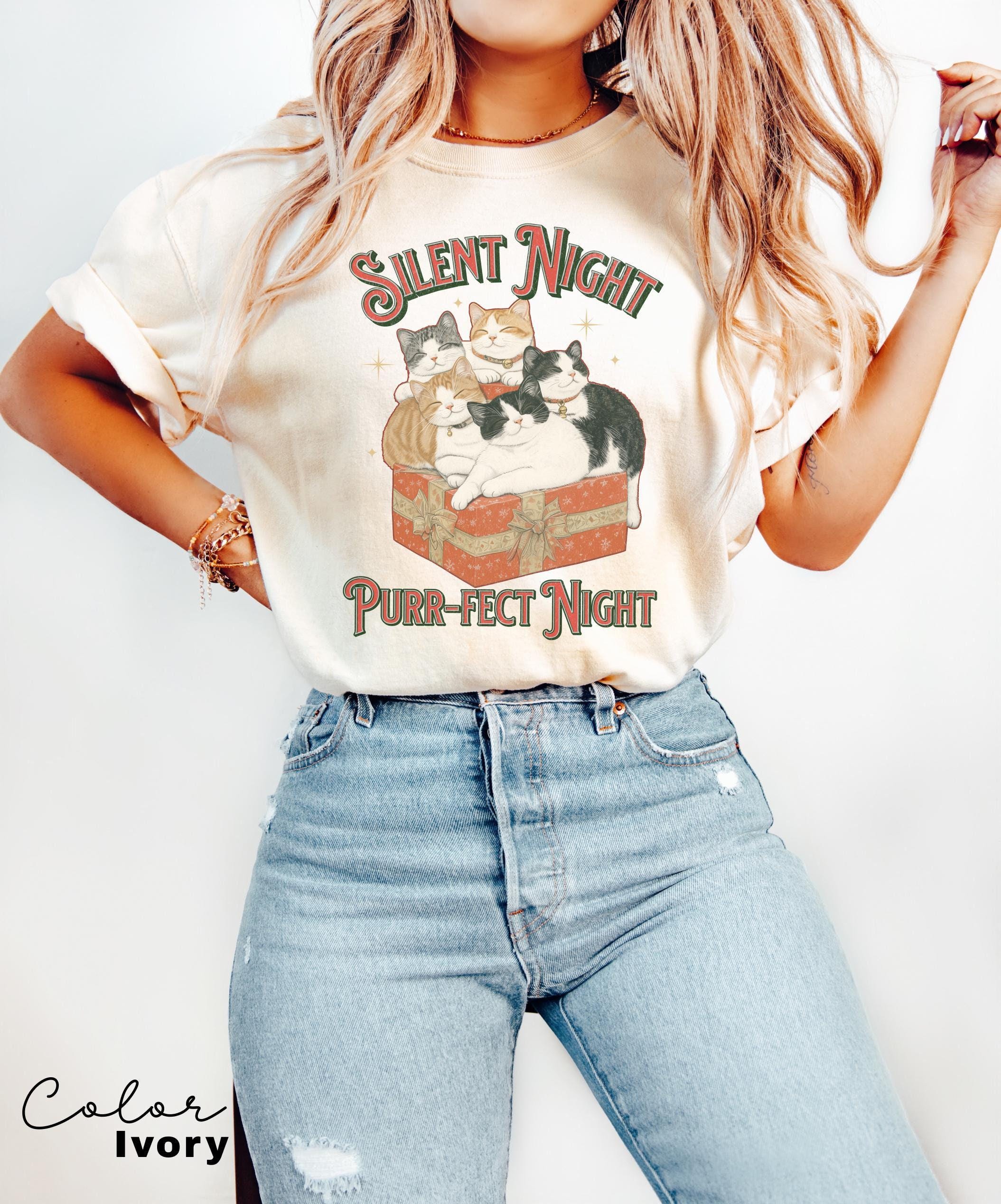 Meowy Christmas Cat Shirt, Silent Night Purrfect Night, Happy Cat Year Shirt,Funny Christmas Cat Shirt, Cat Lover Gift, Cat Xmas