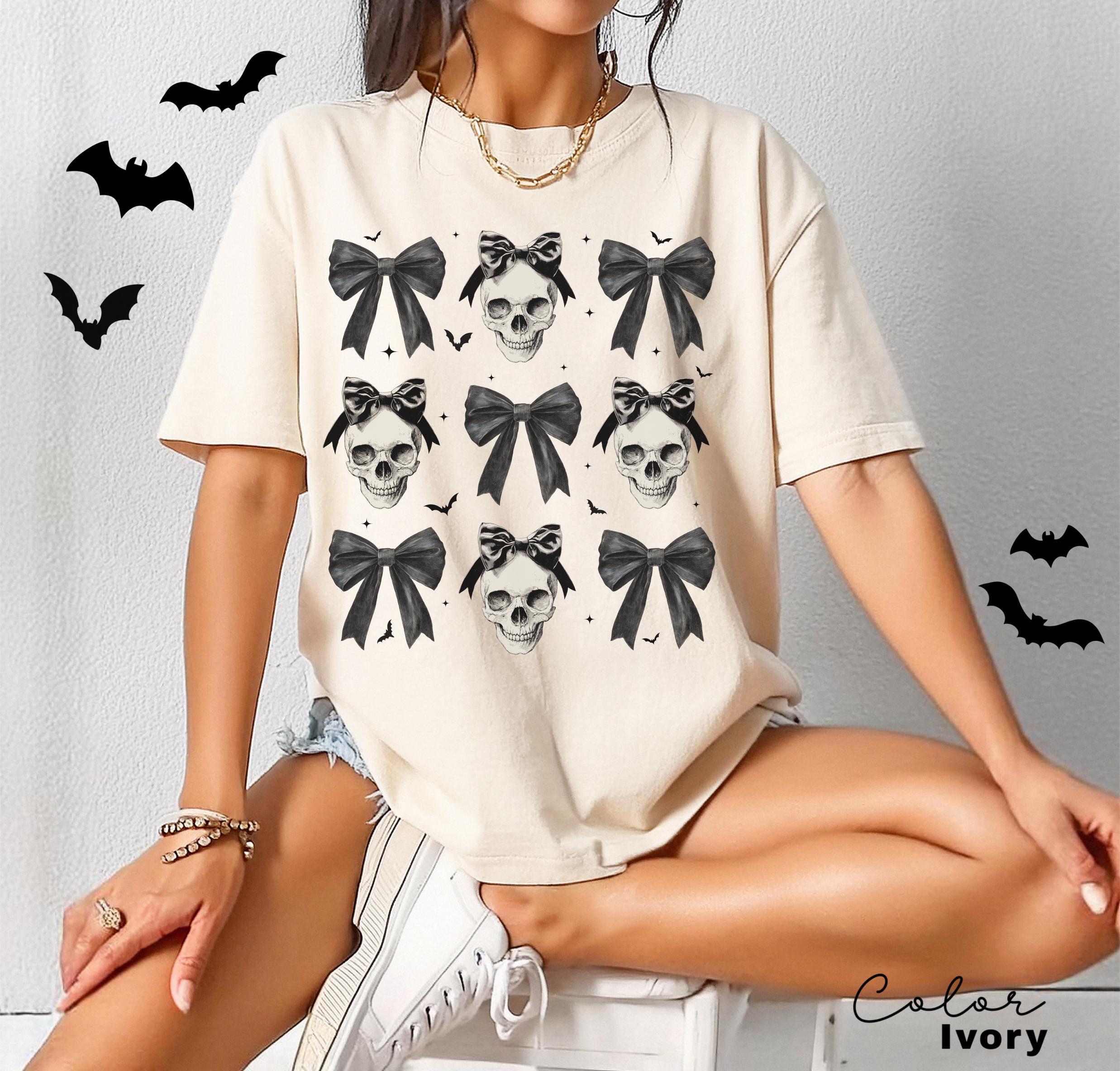 Halloween Skull Black Bow Shirt, Halloween Coquette Shirt, Halloween Women's Tee, Halloween Costume, Fall Shirt, Skeleton Coquette Bow