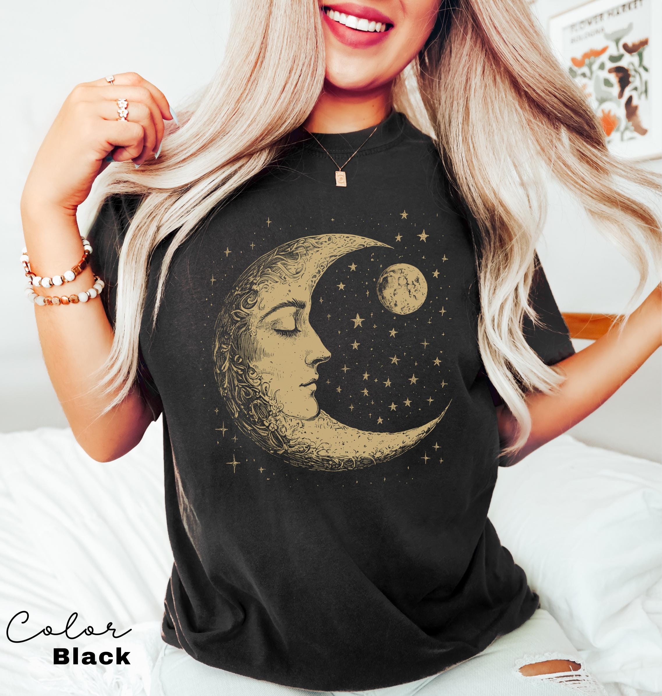 Celestial Comfort Colors® Shirt, Moon T-shirt, Boho Mystical Moon and Stars, Spiritual Moon Women Clothing Gifts, Astrology Gift, Astronomer
