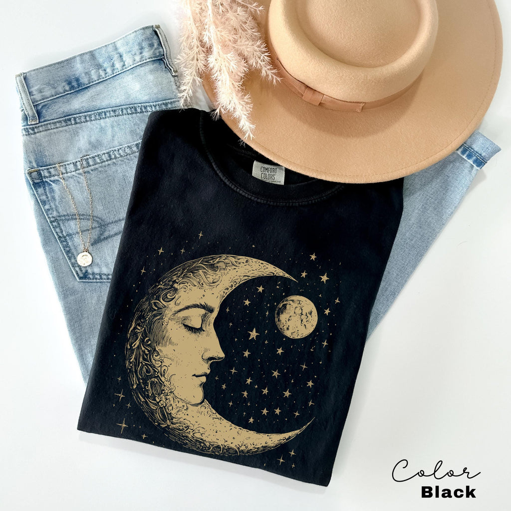 Celestial Comfort Colors® Shirt, Moon T-shirt, Boho Mystical Moon and Stars, Spiritual Moon Women Clothing Gifts, Astrology Gift, Astronomer