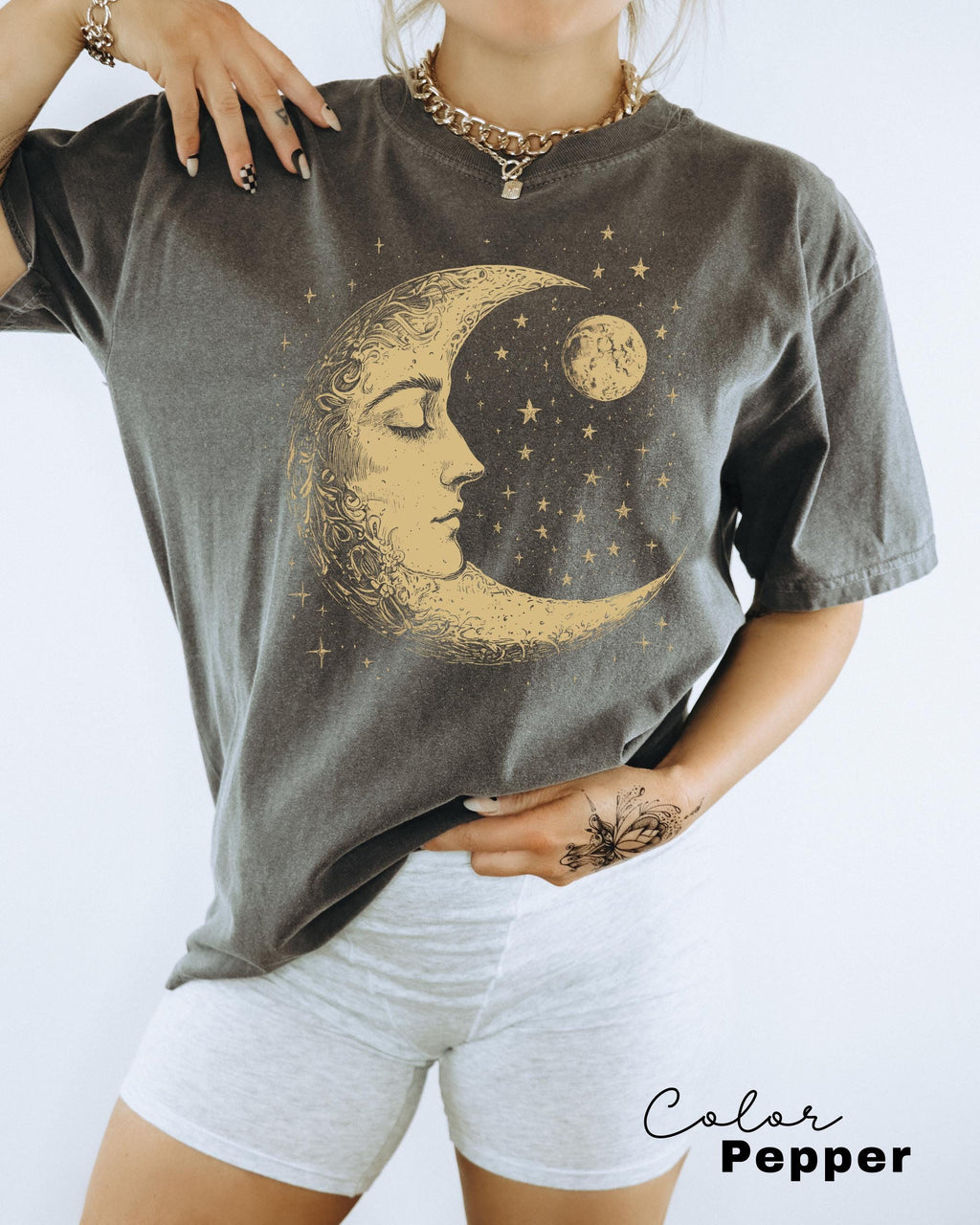 Celestial Comfort Colors® Shirt, Moon T-shirt, Boho Mystical Moon and Stars, Spiritual Moon Women Clothing Gifts, Astrology Gift, Astronomer