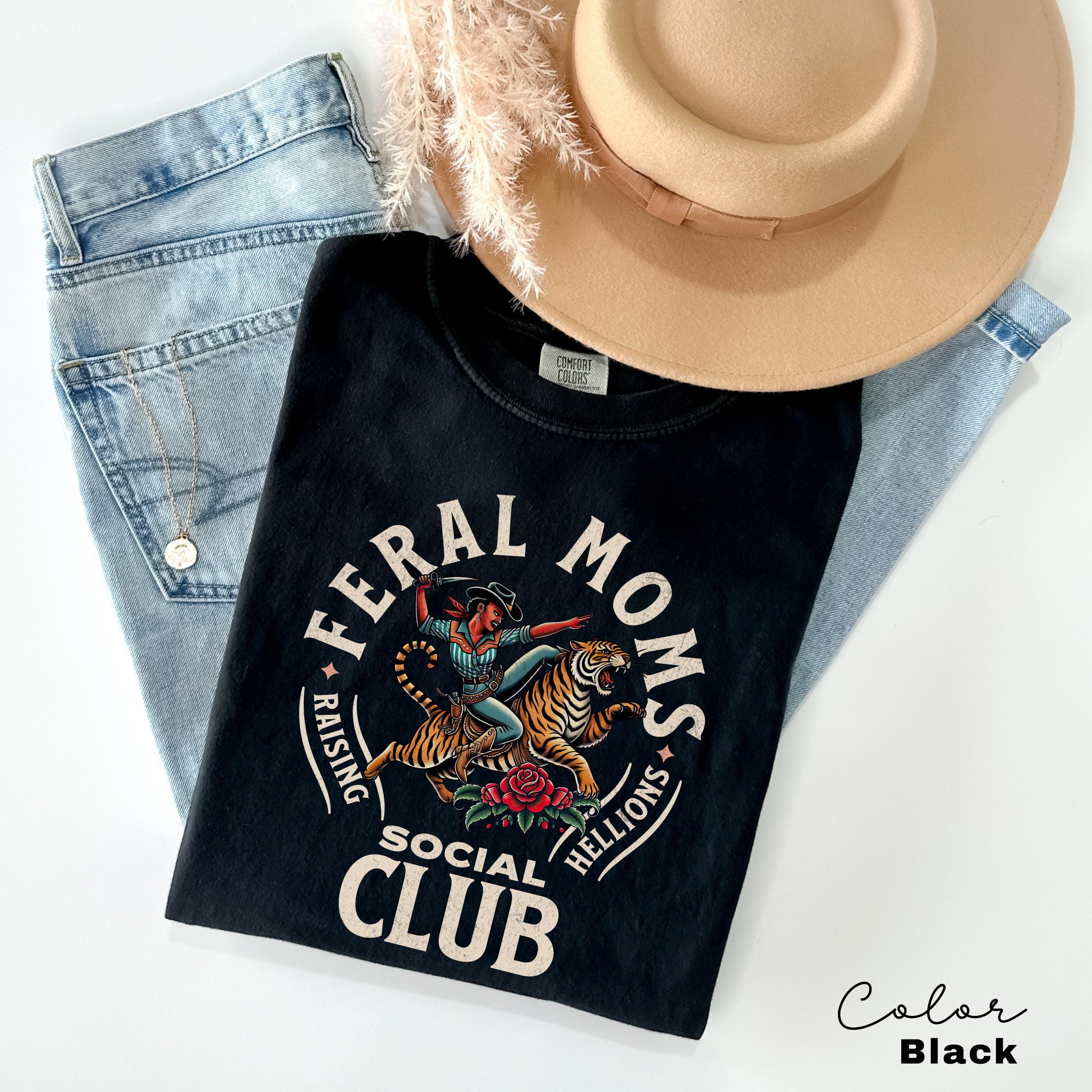 Feral Moms Social Club Shirt, Comfort Colors Vintage Graphic Tee,Black Mom Shirt, Somebody's Feral Wife, Mom Life Tshirt, Trendy Mom Apparel