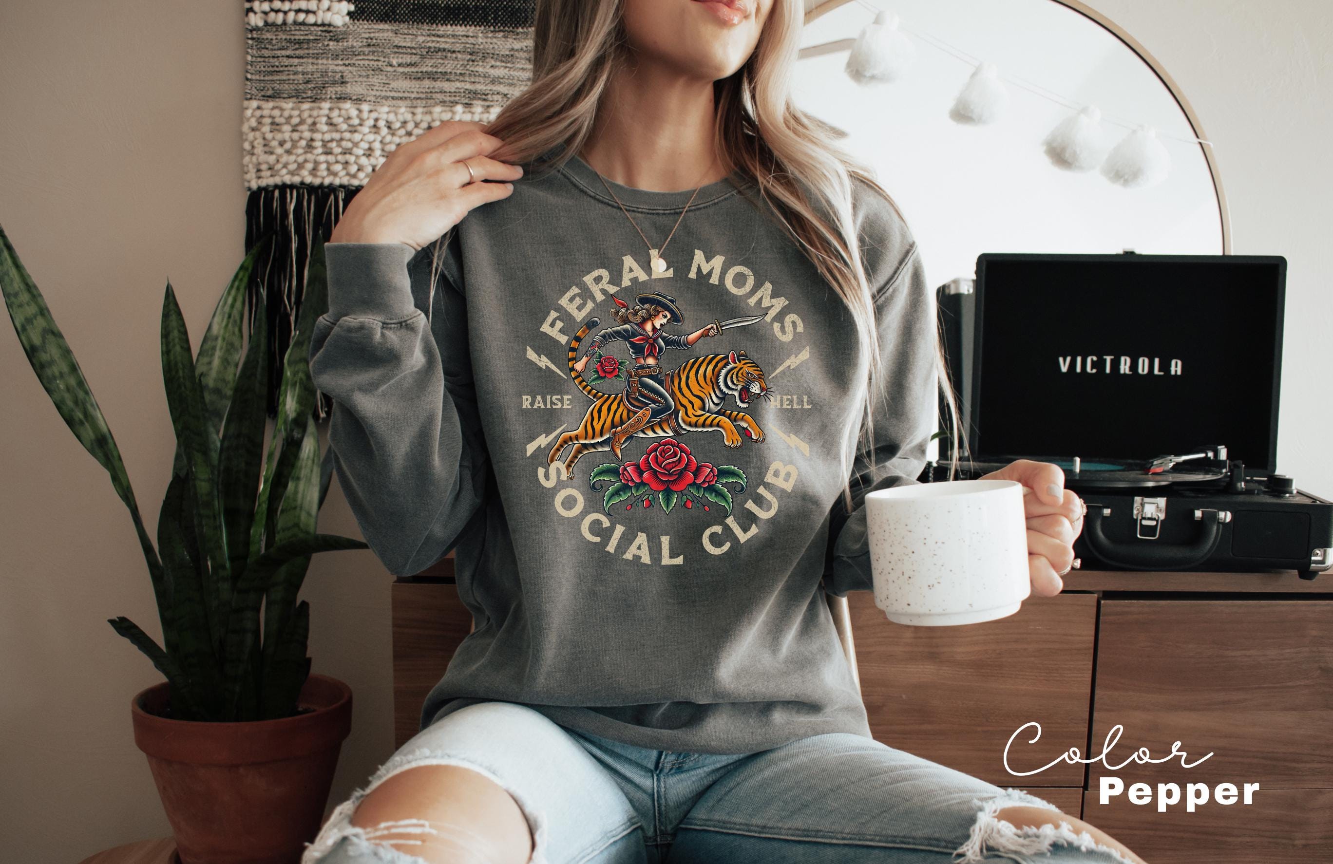 Feral Moms Social Club Sweatshirt, Comfort Colors Vintage Graphic, Feral Mom Gift, Somebody's Feral Wife, Mom Life, Trendy Mom Apparel
