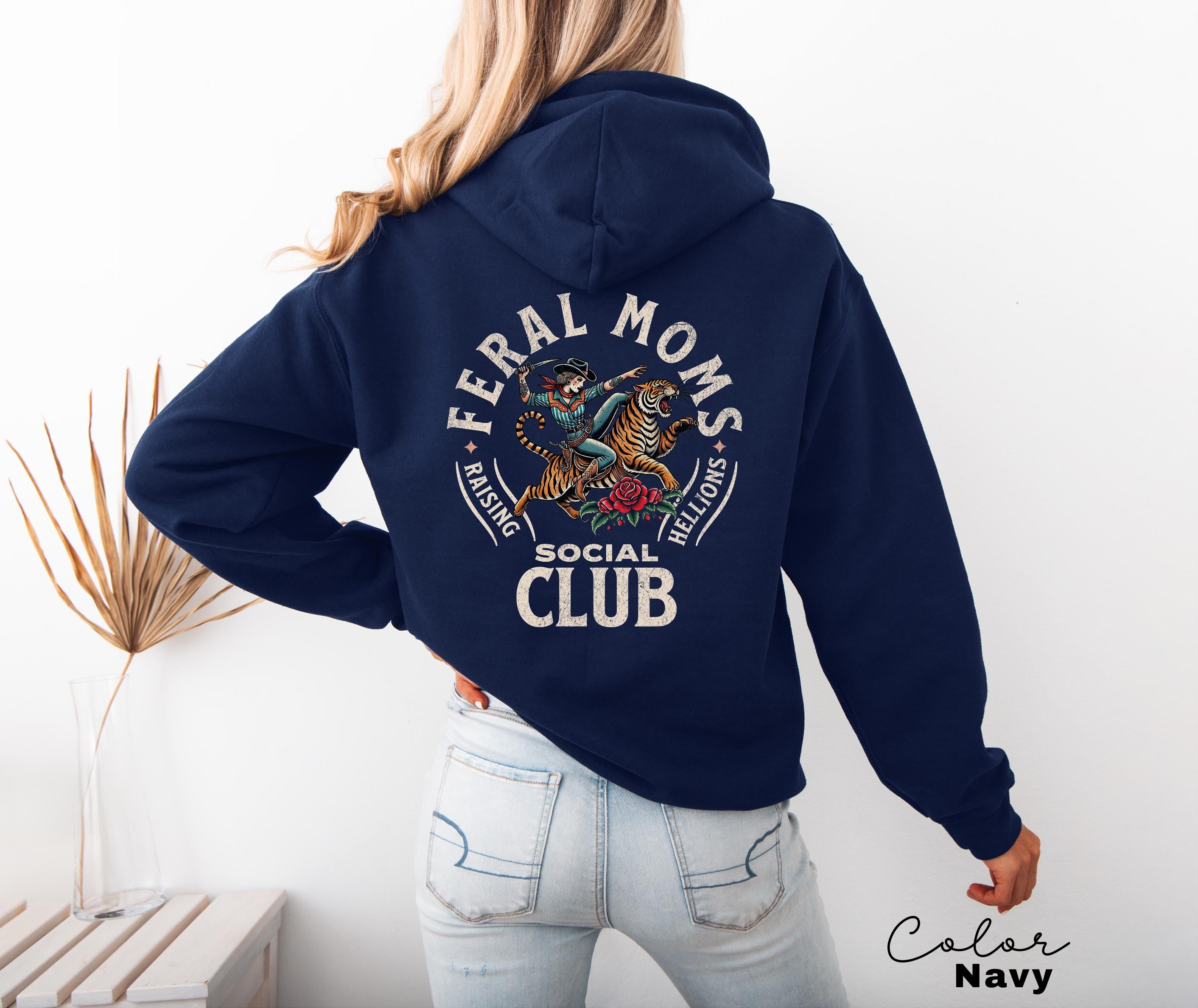 Feral Moms Social Club Hoodie, Retro Vintage Graphic Sweatshirt, Feral Mom Gift, Somebody's Feral Wife, Mom Life Hoodie, Trendy Mom Apparel