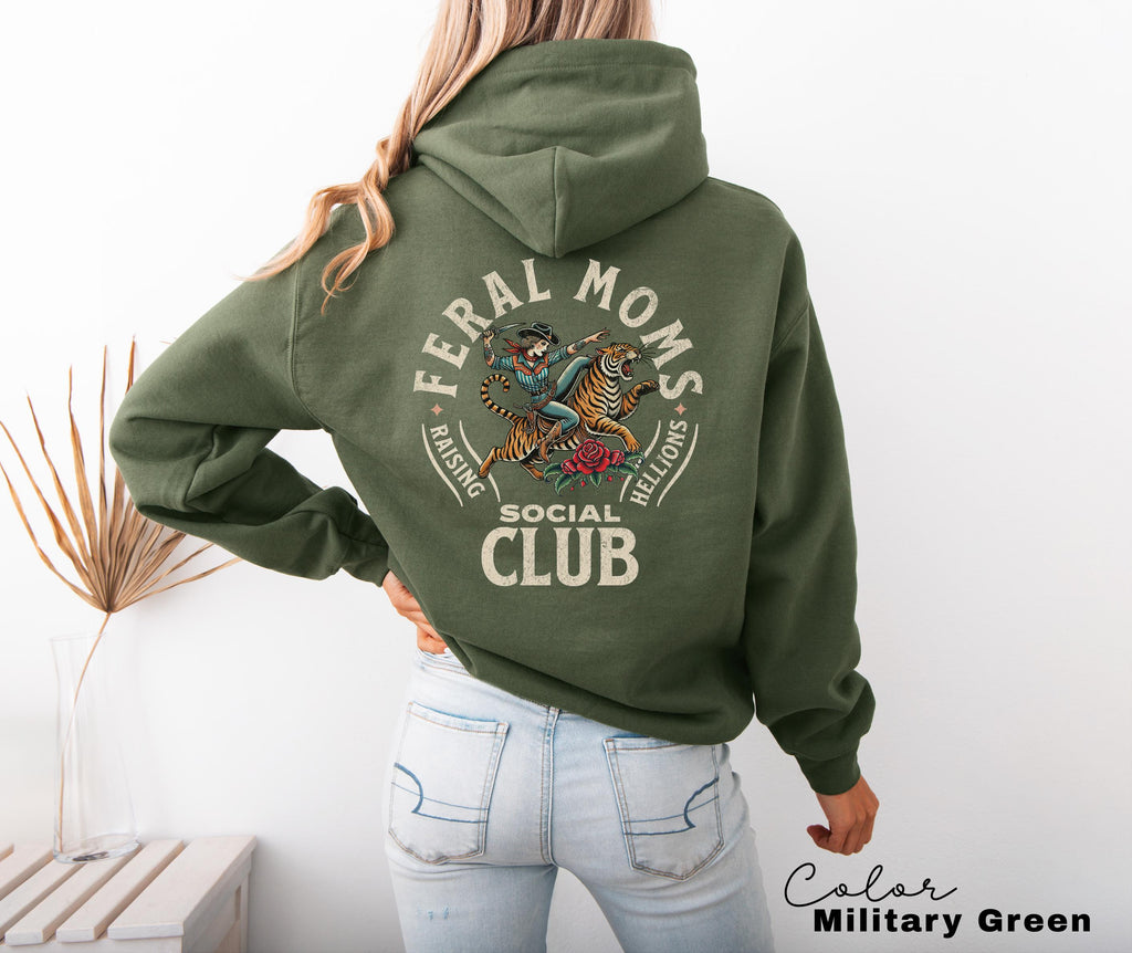 Feral Moms Social Club Hoodie, Retro Vintage Graphic Sweatshirt, Feral Mom Gift, Somebody's Feral Wife, Mom Life Hoodie, Trendy Mom Apparel