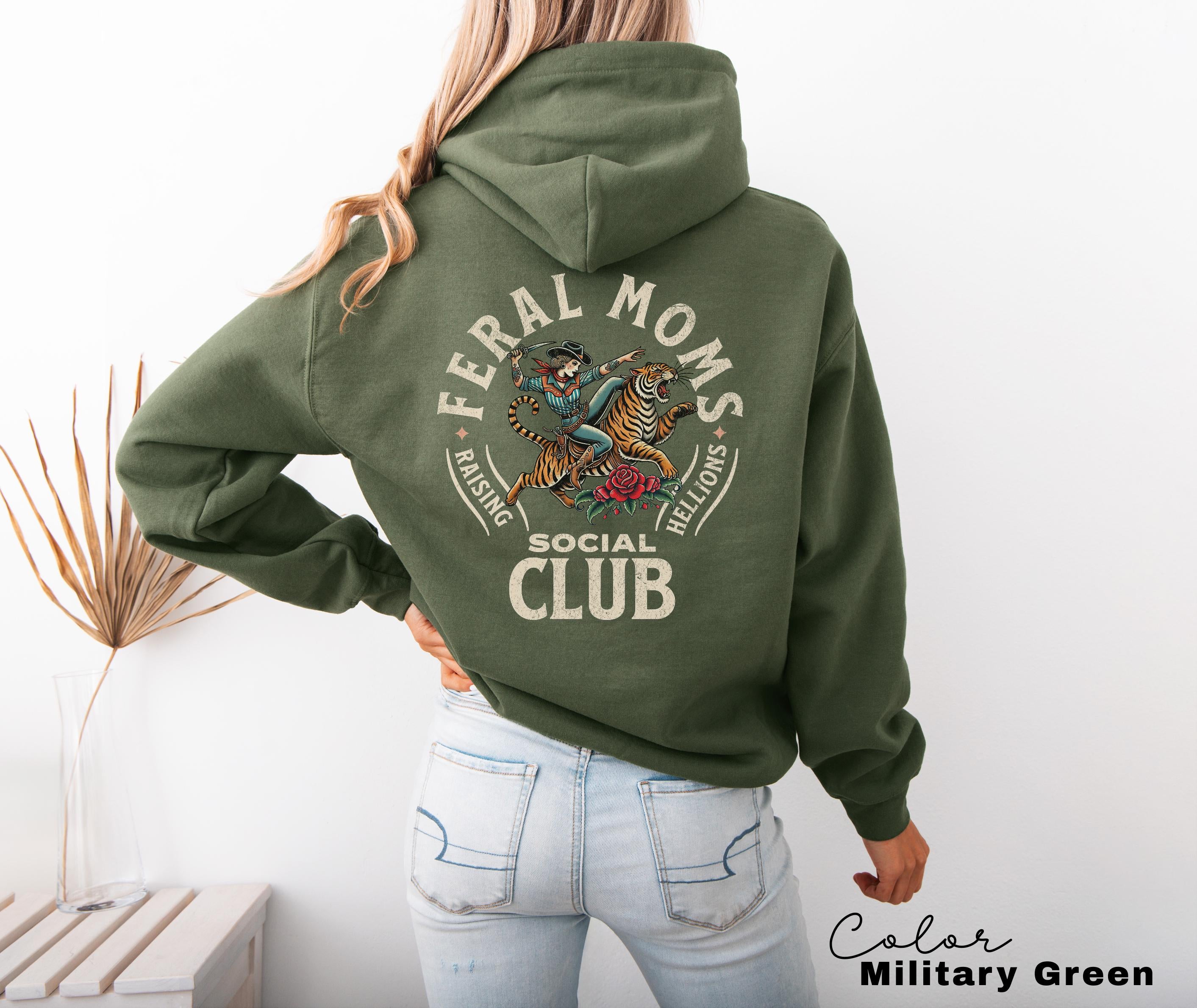 Feral Moms Social Club Hoodie, Retro Vintage Graphic Sweatshirt, Feral Mom Gift, Somebody's Feral Wife, Mom Life Hoodie, Trendy Mom Apparel