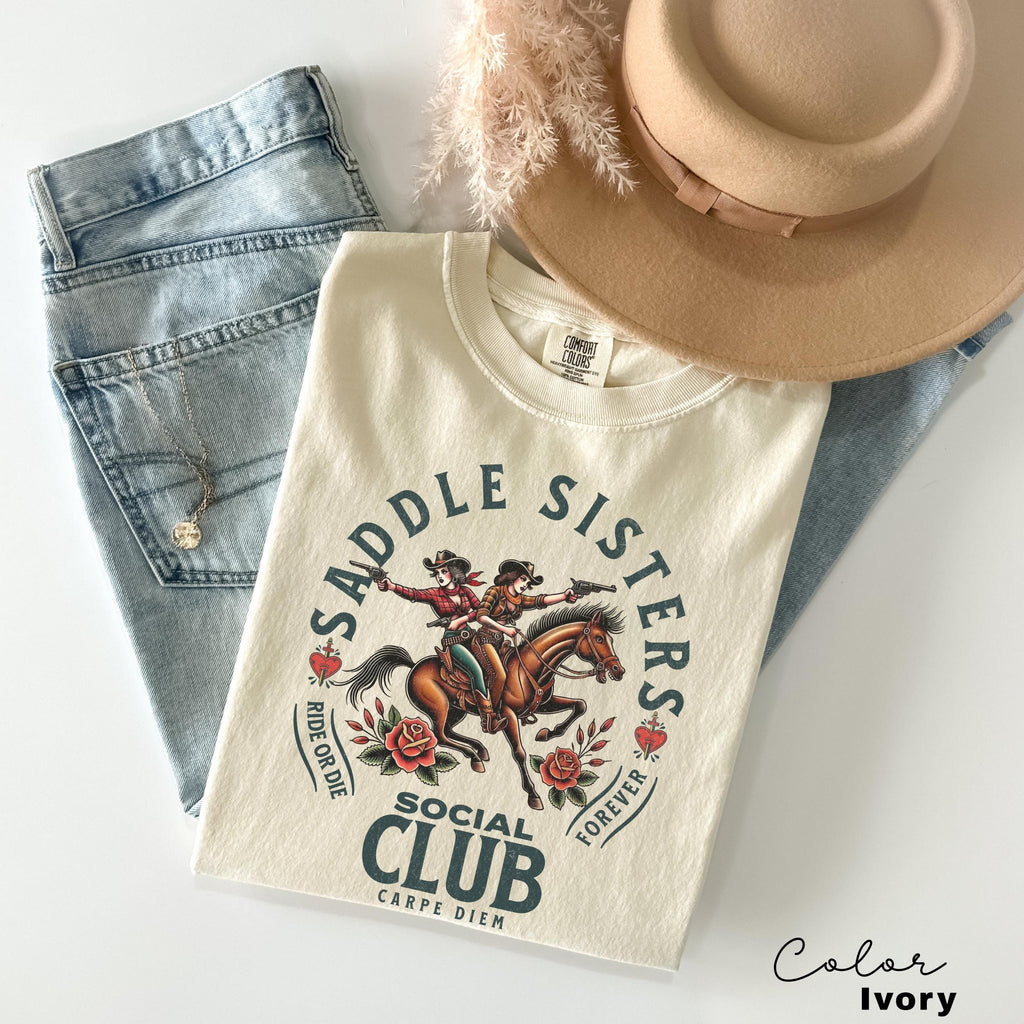 Saddle Sisters Cowgirl Shirt, Rodeo T-Shirt, Comfort Colors, Country Concert T-shirt, Western Graphic Tee For Women, Western Crewneck