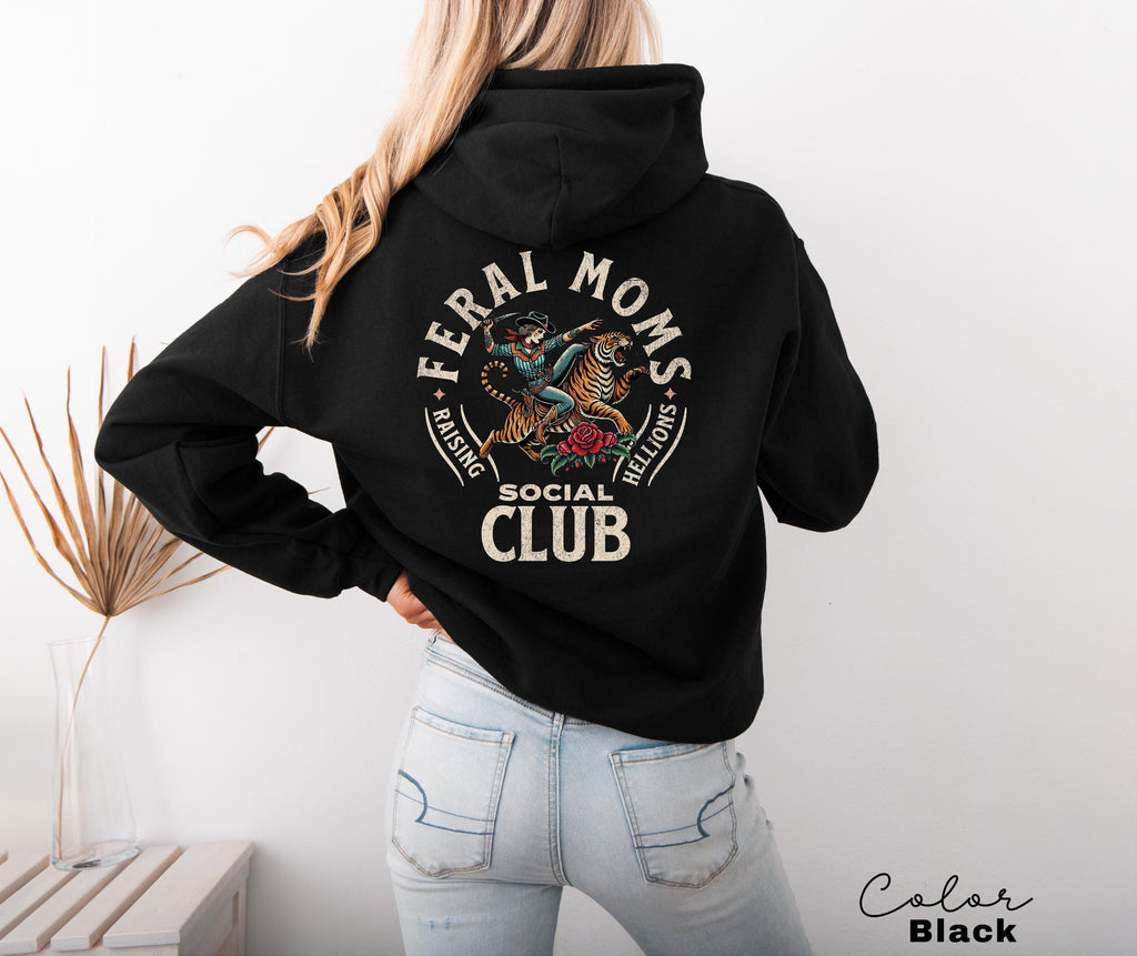 Feral Moms Social Club Hoodie, Retro Vintage Graphic Sweatshirt, Feral Mom Gift, Somebody's Feral Wife, Mom Life Hoodie, Trendy Mom Apparel