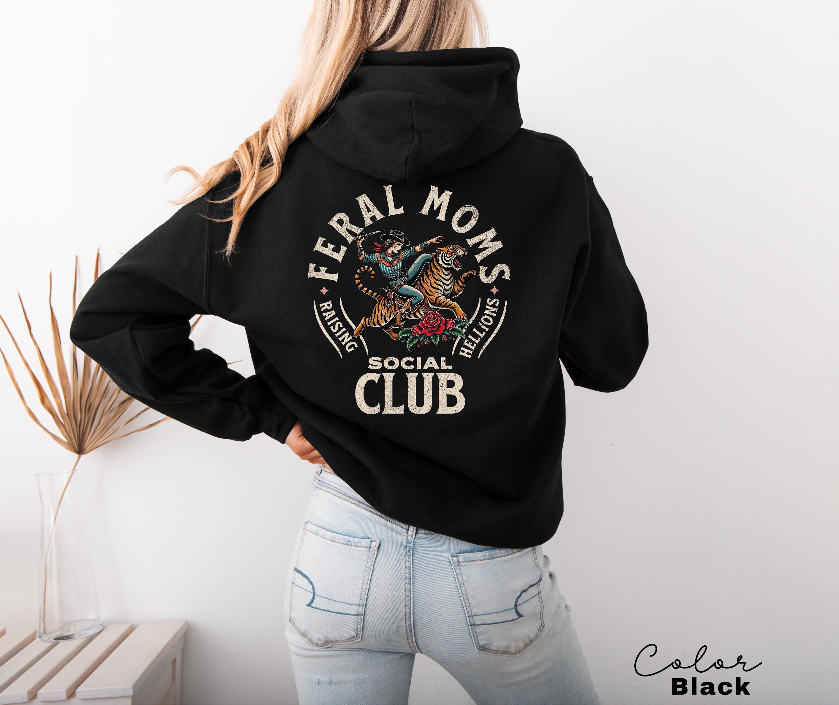 Feral Moms Social Club Hoodie, Retro Vintage Graphic Sweatshirt, Feral Mom Gift, Somebody's Feral Wife, Mom Life Hoodie, Trendy Mom Apparel
