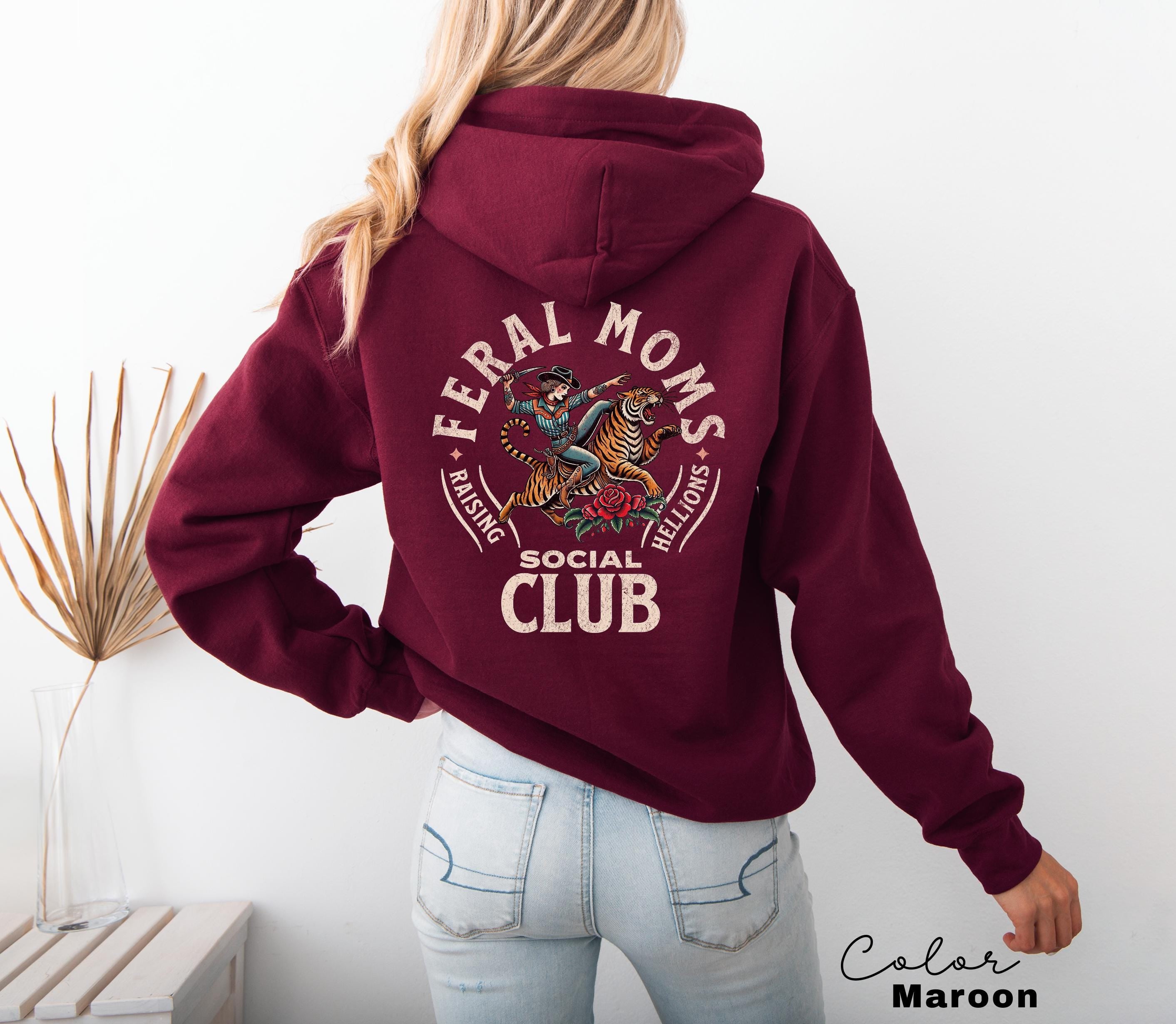 Feral Moms Social Club Hoodie, Retro Vintage Graphic Sweatshirt, Feral Mom Gift, Somebody's Feral Wife, Mom Life Hoodie, Trendy Mom Apparel