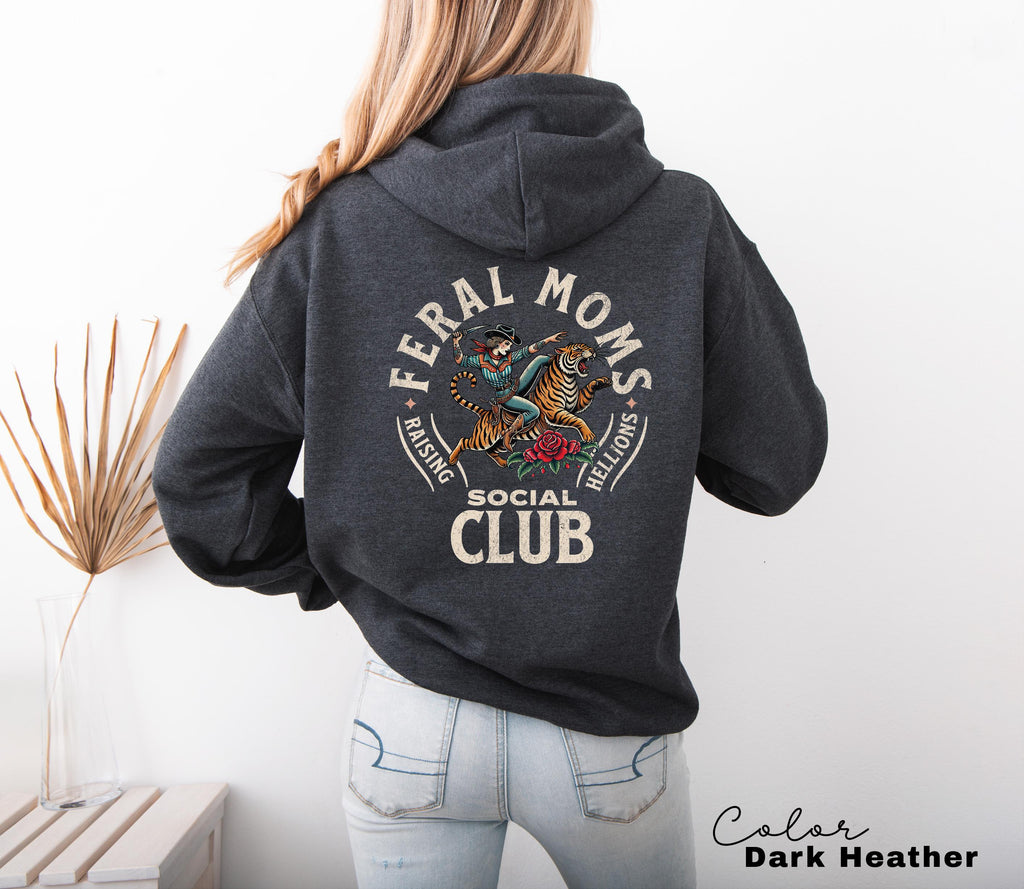 Feral Moms Social Club Hoodie, Retro Vintage Graphic Sweatshirt, Feral Mom Gift, Somebody's Feral Wife, Mom Life Hoodie, Trendy Mom Apparel
