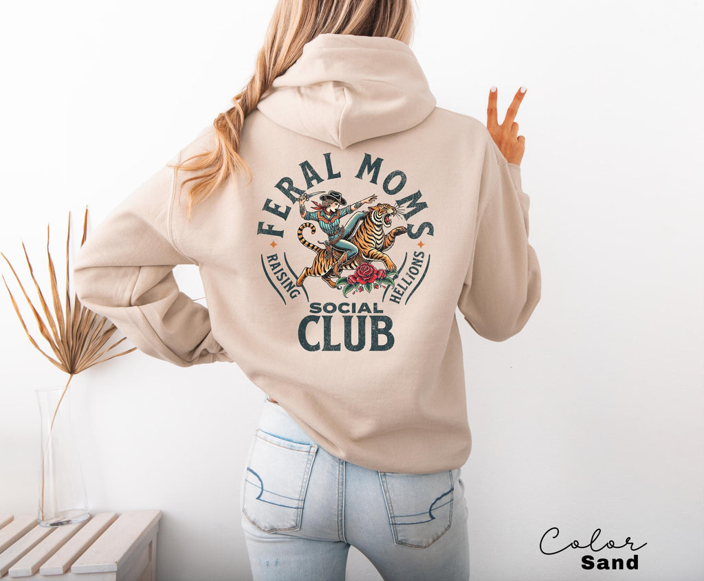 Feral Moms Social Club Hoodie, Retro Vintage Graphic Sweatshirt, Feral Mom Gift, Somebody's Feral Wife, Mom Life Hoodie, Trendy Mom Apparel
