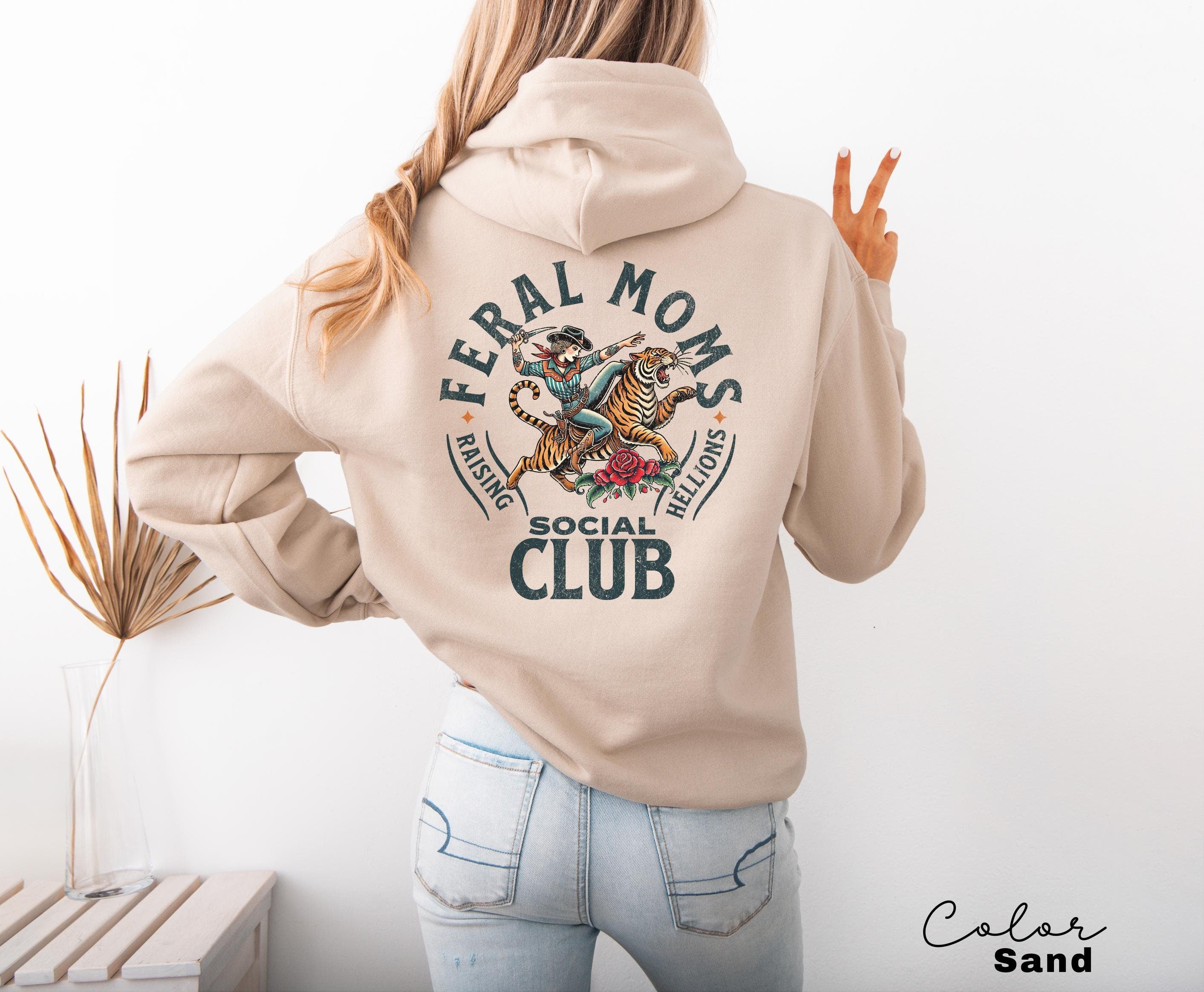 Feral Moms Social Club Hoodie, Retro Vintage Graphic Sweatshirt, Feral Mom Gift, Somebody's Feral Wife, Mom Life Hoodie, Trendy Mom Apparel