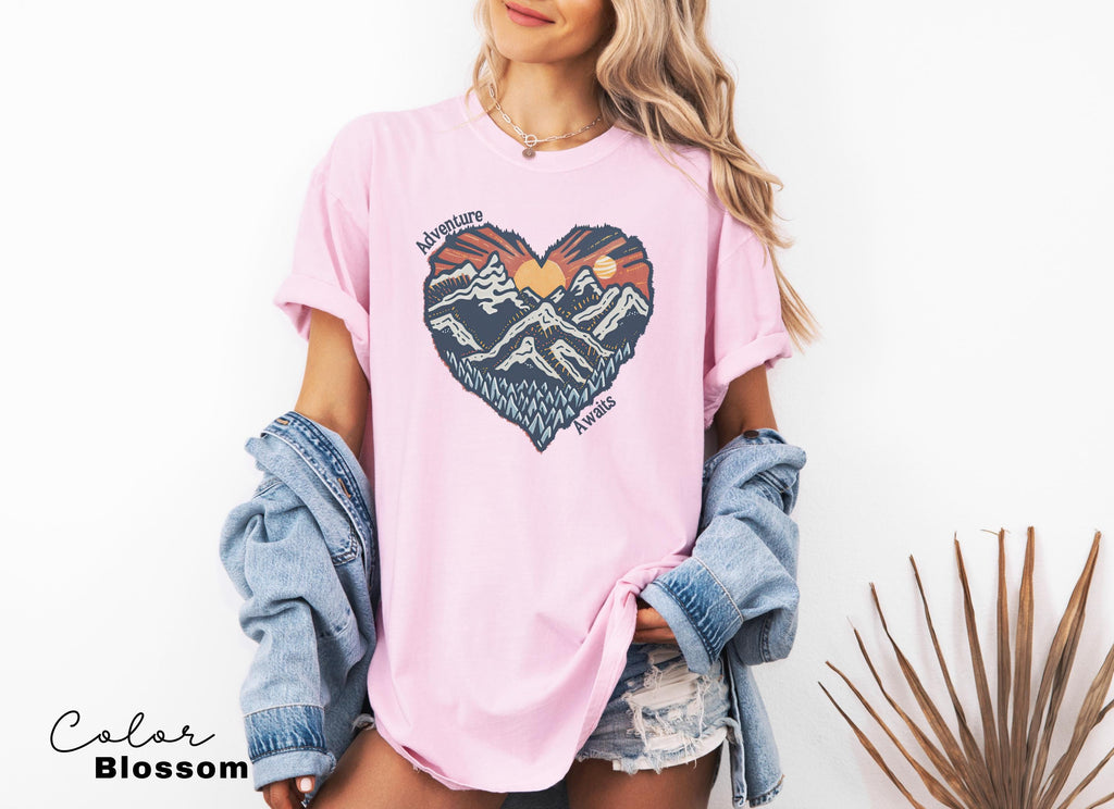 Hiking Nature Shirt, National Parks, Camping Gift, Mountain Heart, Outdoor Lover Adventure Awaits Shirt, Retro Oversized Shirt, Nature Lover