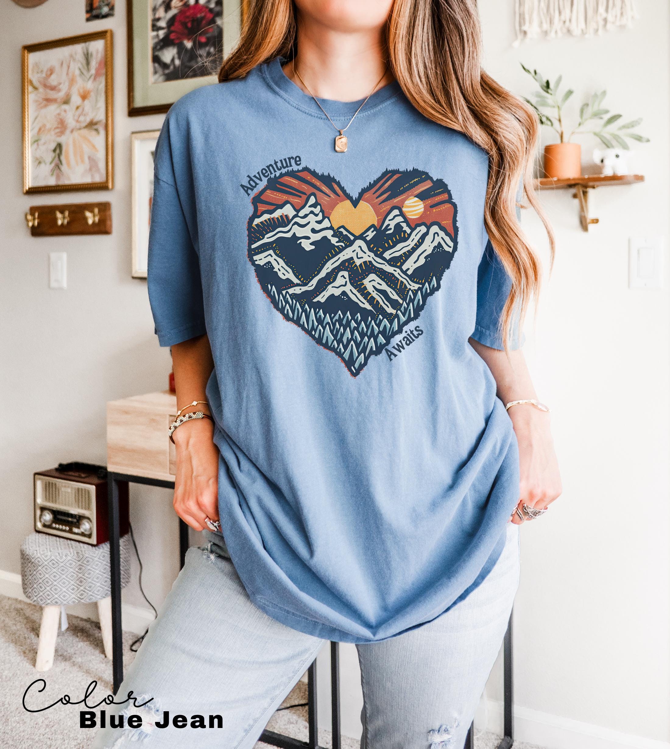 Hiking Nature Shirt, National Parks, Camping Gift, Mountain Heart, Outdoor Lover Adventure Awaits Shirt, Retro Oversized Shirt, Nature Lover