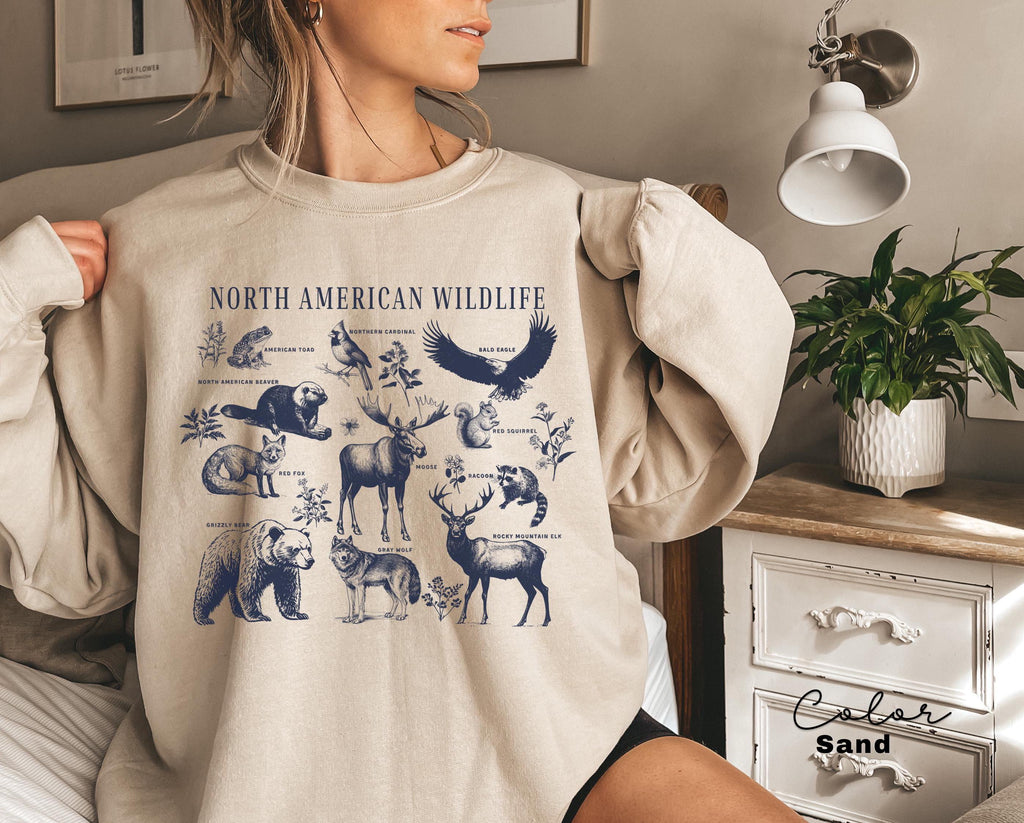 Nature Sweatshirt, North American Wildlife, Vintage 90s Unisex Crewneck, Retro Forest Animals, National Parks, Camping Nature Lover,
