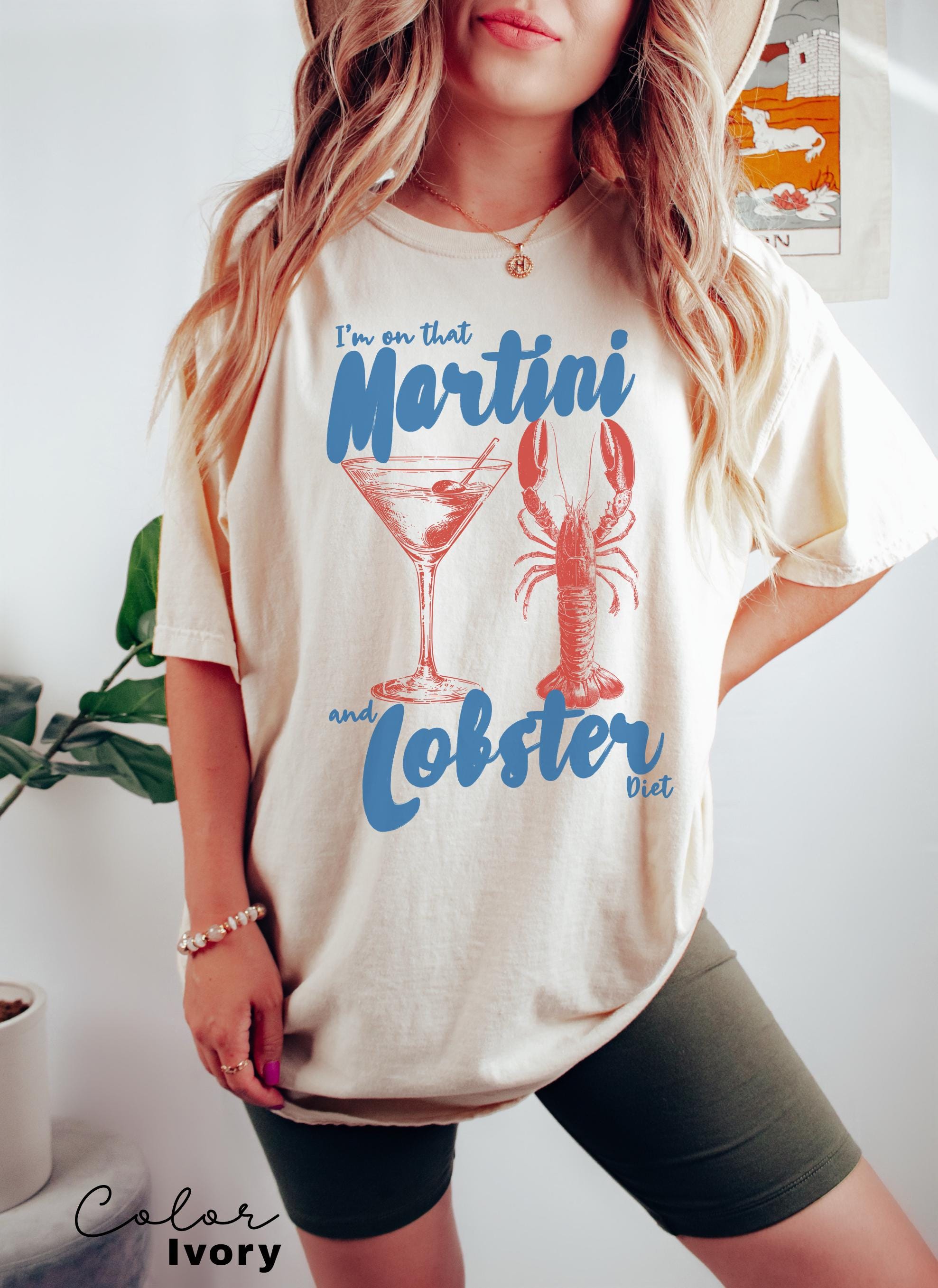 Martini and Lobster Diet Shirt, Fisherman Aeshetic, Coastal Grandma Tee, Summer Vacation Shirt, Tomato Girl Summer, Retro Food shirt, Ocean