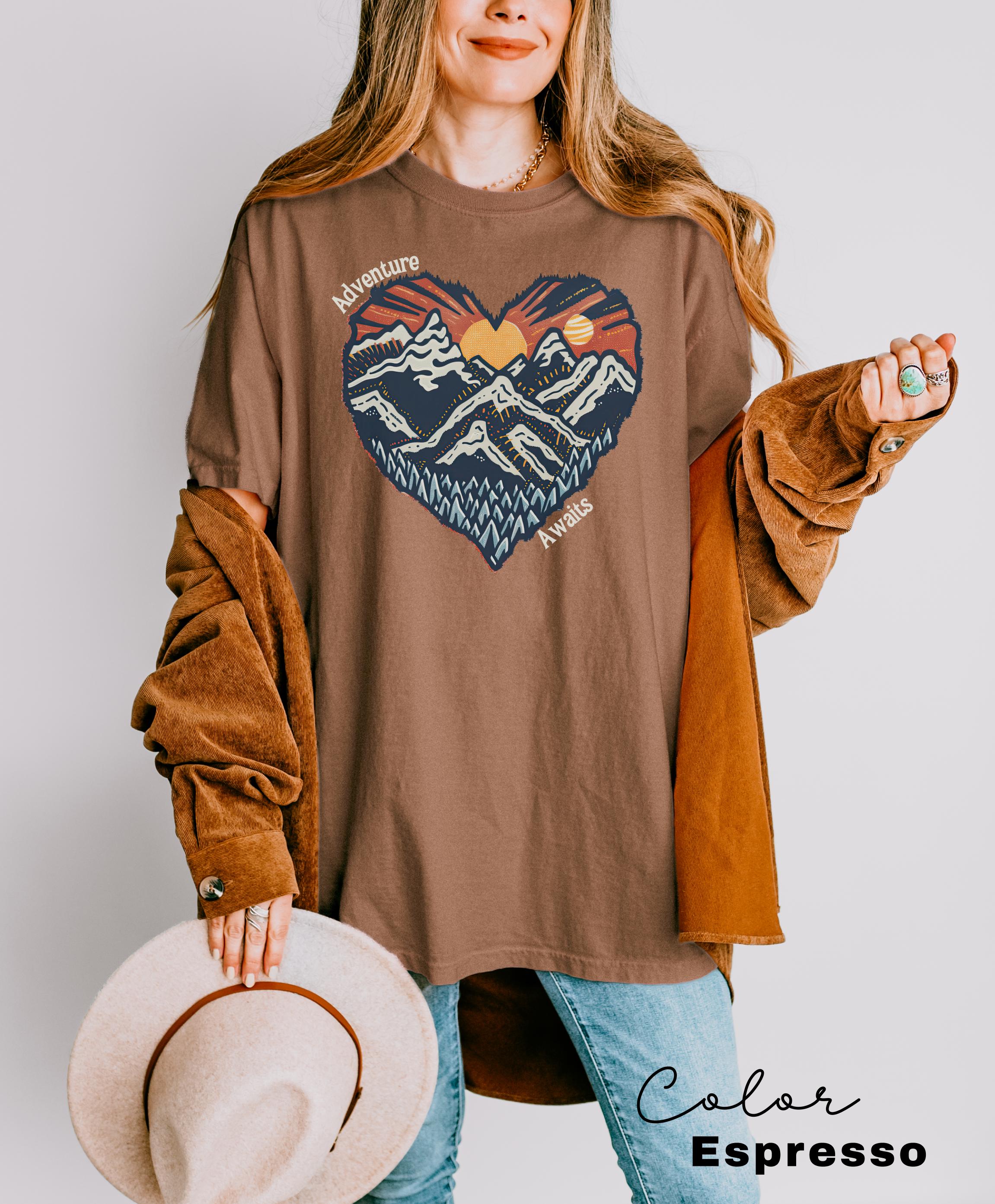 Hiking Nature Shirt, National Parks, Camping Gift, Mountain Heart, Outdoor Lover Adventure Awaits Shirt, Retro Oversized Shirt, Nature Lover