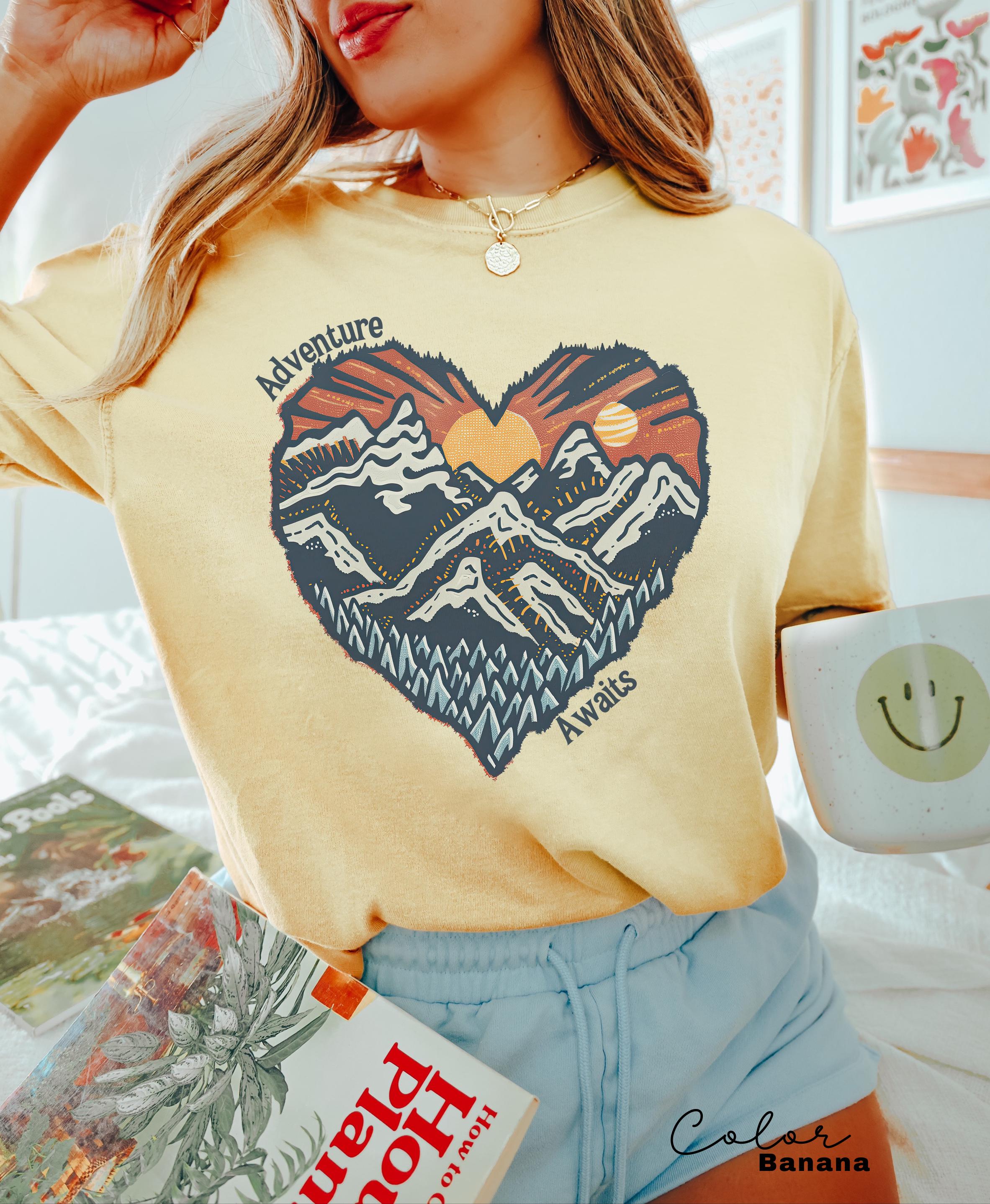 Hiking Nature Shirt, National Parks, Camping Gift, Mountain Heart, Outdoor Lover Adventure Awaits Shirt, Retro Oversized Shirt, Nature Lover
