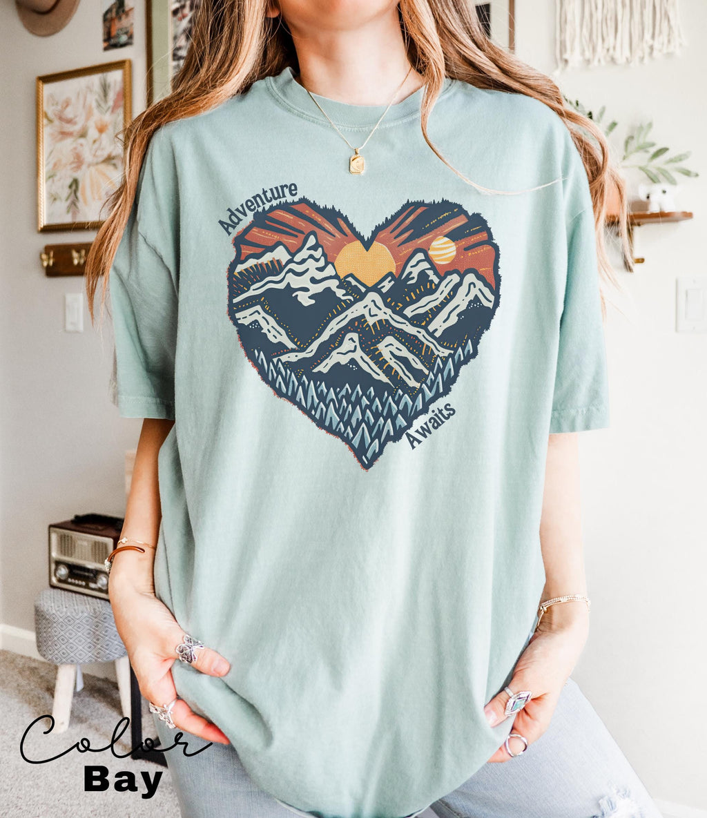 Hiking Nature Shirt, National Parks, Camping Gift, Mountain Heart, Outdoor Lover Adventure Awaits Shirt, Retro Oversized Shirt, Nature Lover