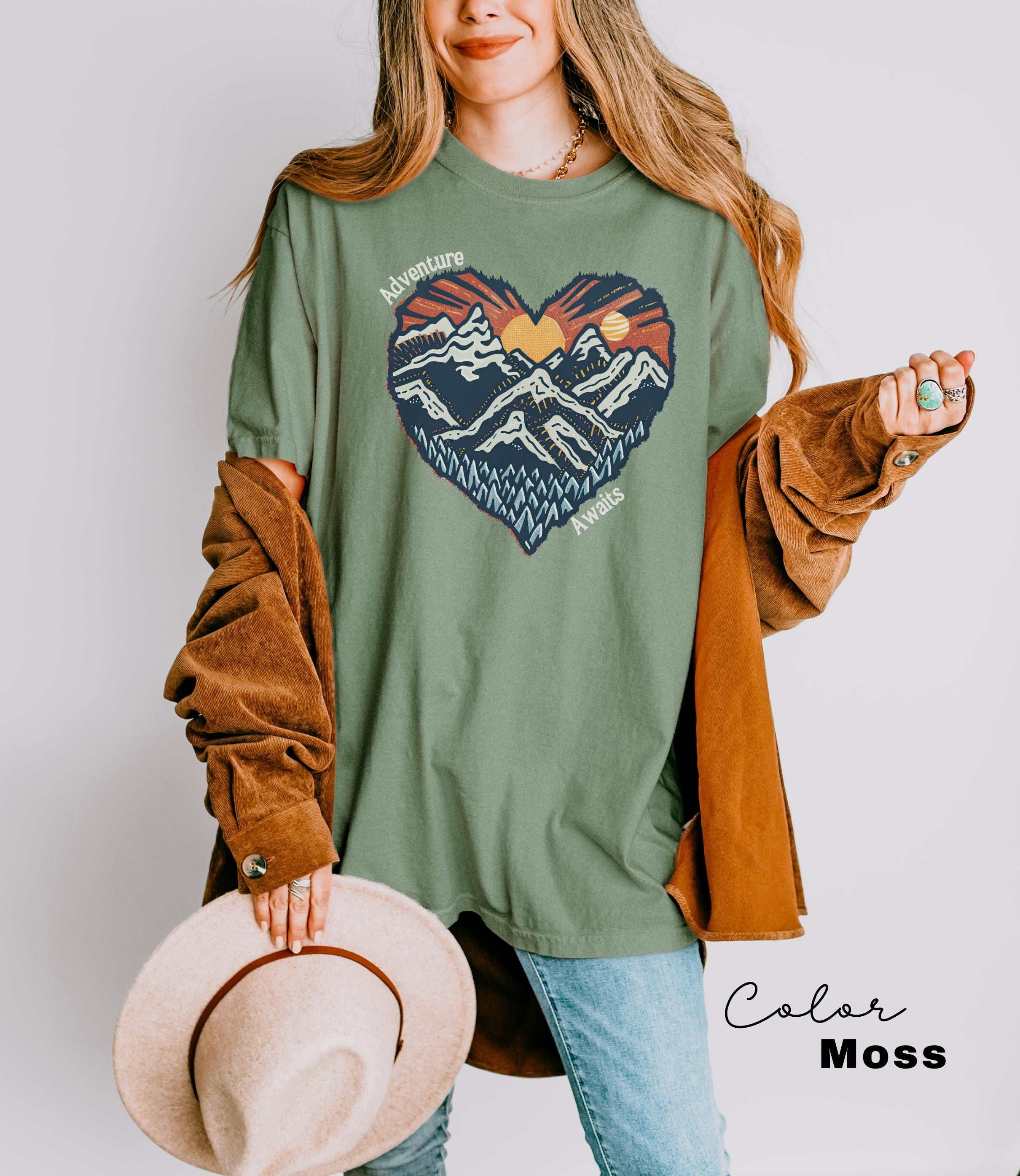 Hiking Nature Shirt, National Parks, Camping Gift, Mountain Heart, Outdoor Lover Adventure Awaits Shirt, Retro Oversized Shirt, Nature Lover