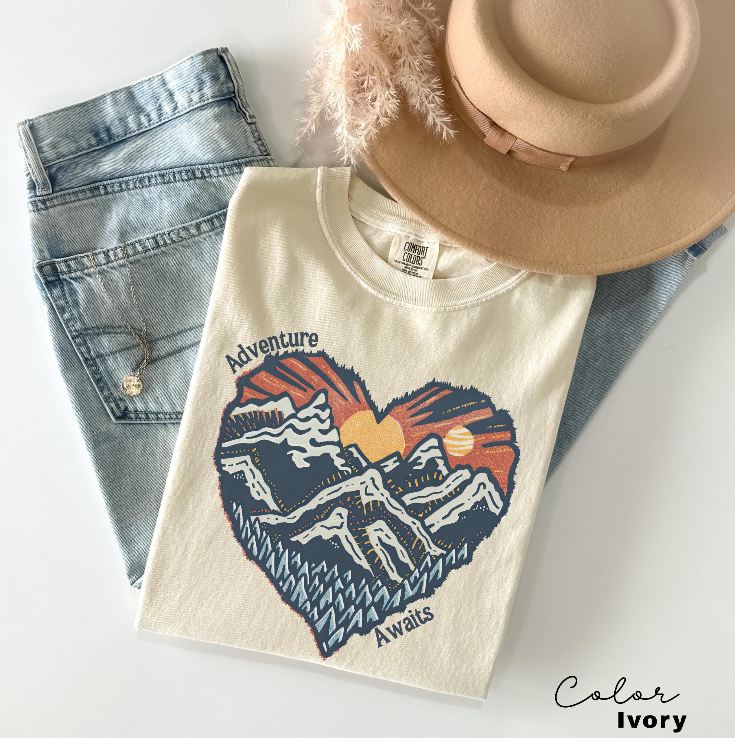 Hiking Nature Shirt, National Parks, Camping Gift, Mountain Heart, Outdoor Lover Adventure Awaits Shirt, Retro Oversized Shirt, Nature Lover