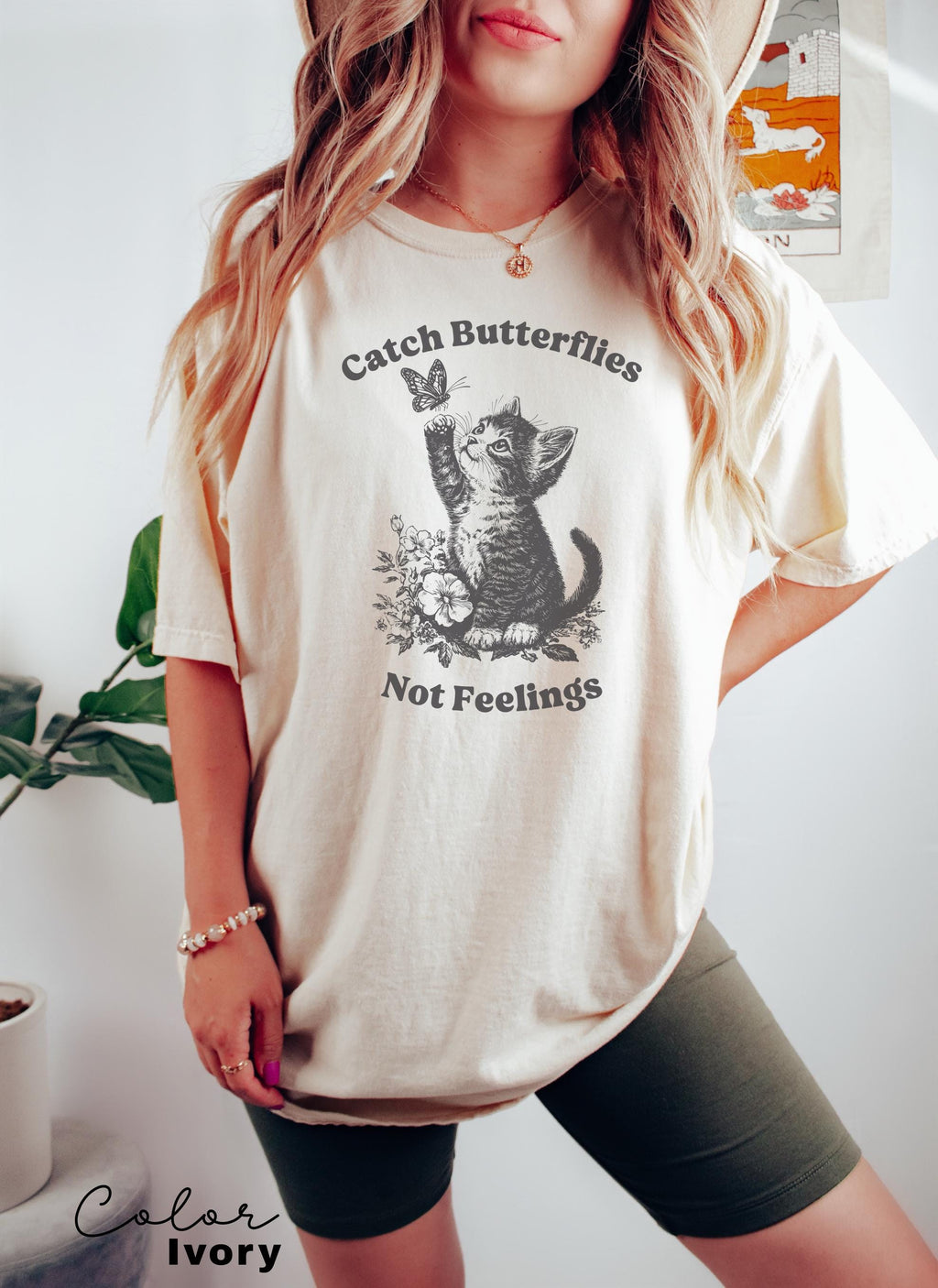 Catch Butterflies Not Feelings, Cute Cat Meme T-Shirt, Funny Sarcastic Kitten Tee, Cottagecore Comfort Colors Mental Health T Shirt,