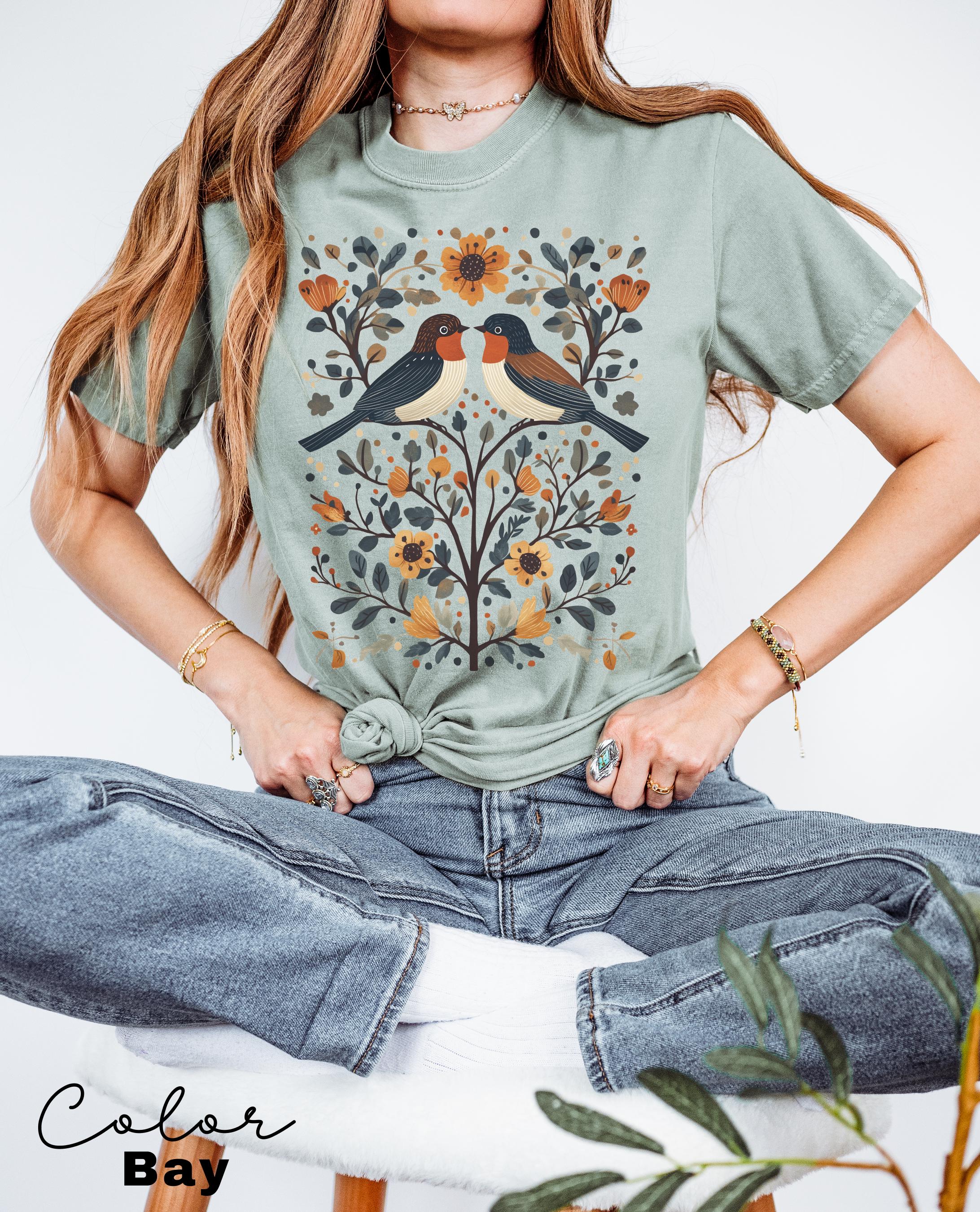 Cottagecore Birds and Flowers T-shirt, Nature-Inspired Whimsical Sweater, Ladies Aesthetic Sweatshirt, Nature Lover Gift, Boho Style Outfit