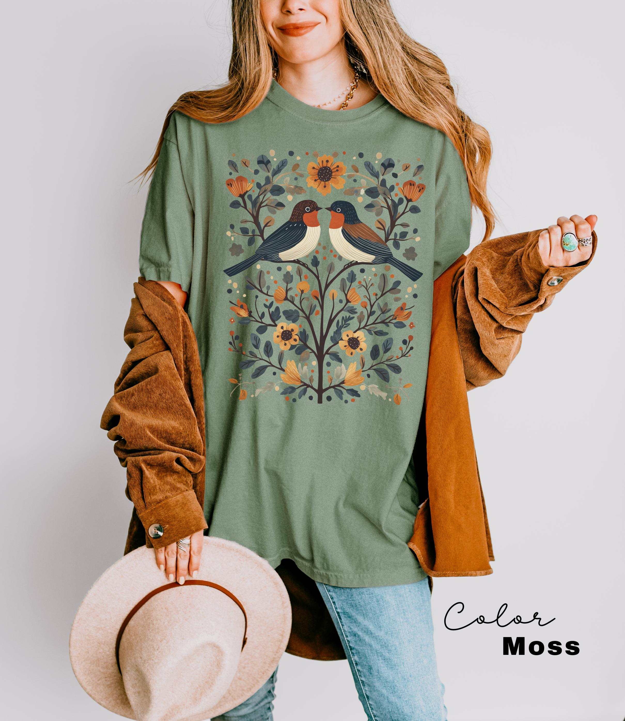 Cottagecore Birds and Flowers T-shirt, Nature-Inspired Whimsical Sweater, Ladies Aesthetic Sweatshirt, Nature Lover Gift, Boho Style Outfit