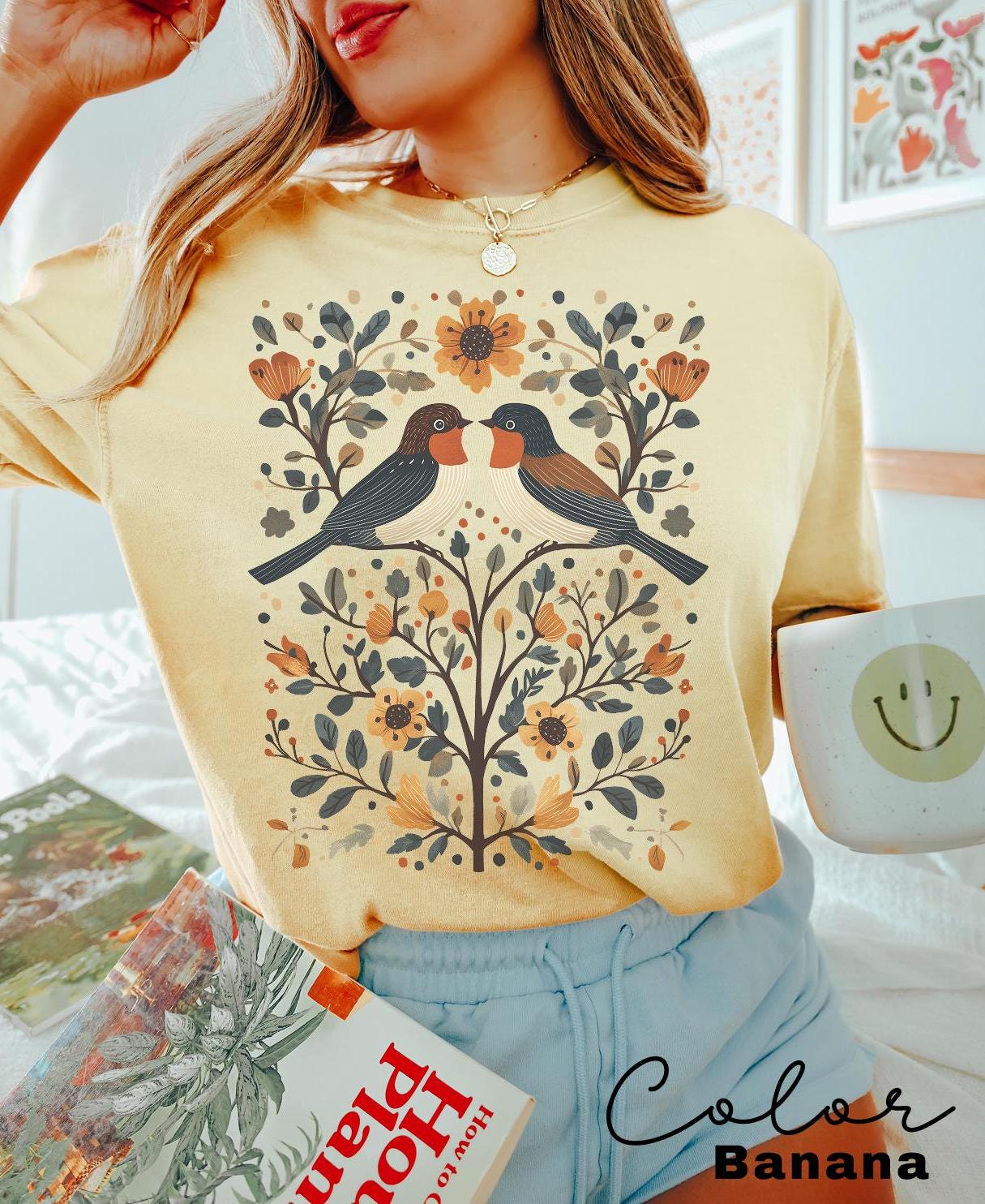 Cottagecore Birds and Flowers T-shirt, Nature-Inspired Whimsical Sweater, Ladies Aesthetic Sweatshirt, Nature Lover Gift, Boho Style Outfit