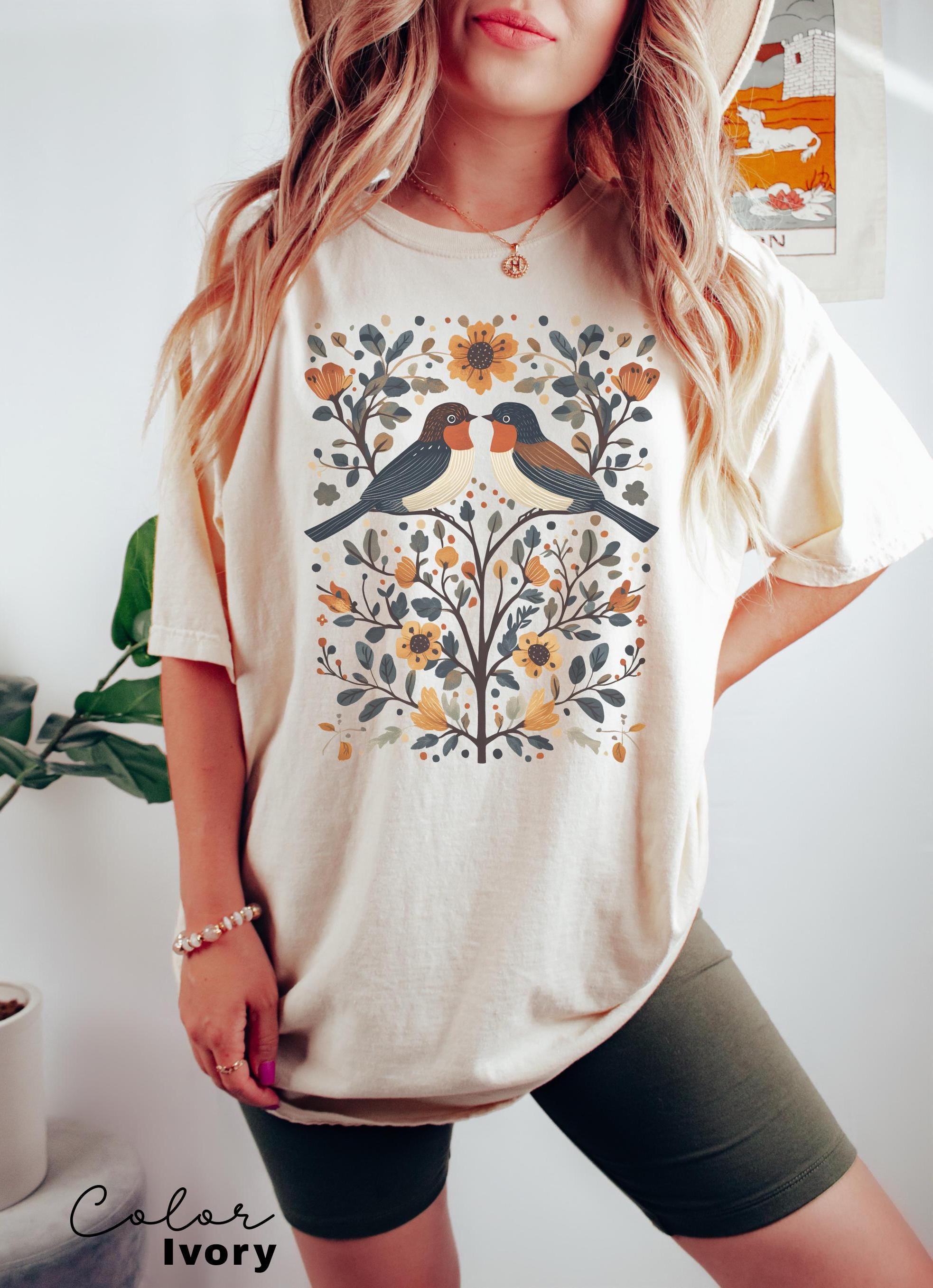 Cottagecore Birds and Flowers T-shirt, Nature-Inspired Whimsical Sweater, Ladies Aesthetic Sweatshirt, Nature Lover Gift, Boho Style Outfit