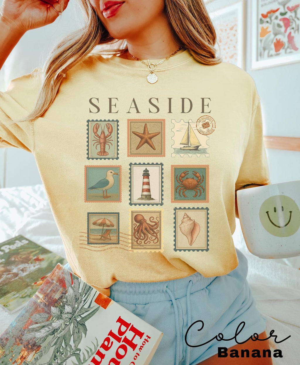 Summer Beach Shirt, Seaside Shirt, Fisherman Aeshetic, Coastal Grandma, Summer Vacation, Vintage Retro Summer, Postage Stamp, Lobster Shirt