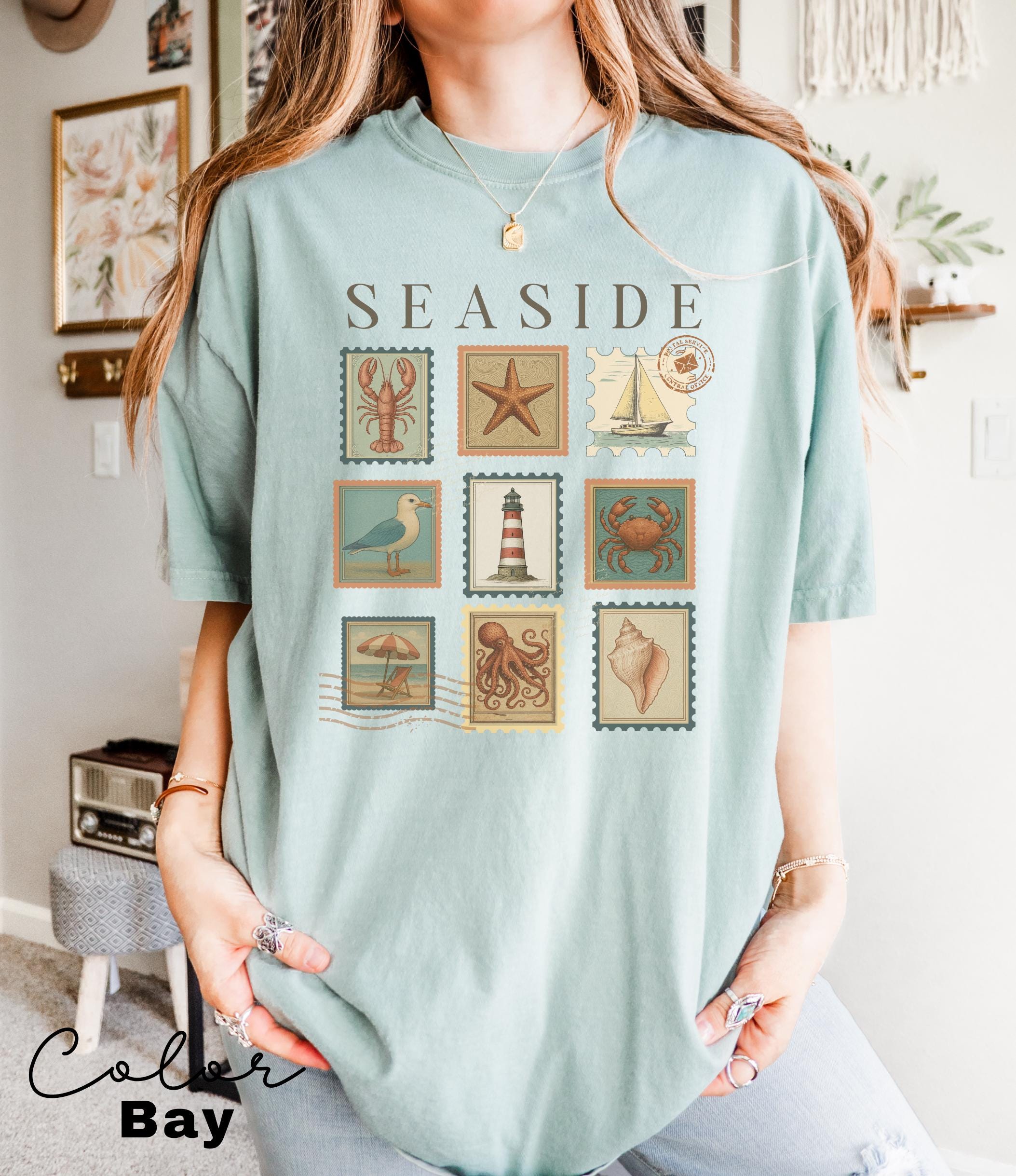Summer Beach Shirt, Seaside Shirt, Fisherman Aeshetic, Coastal Grandma, Summer Vacation, Vintage Retro Summer, Postage Stamp, Lobster Shirt