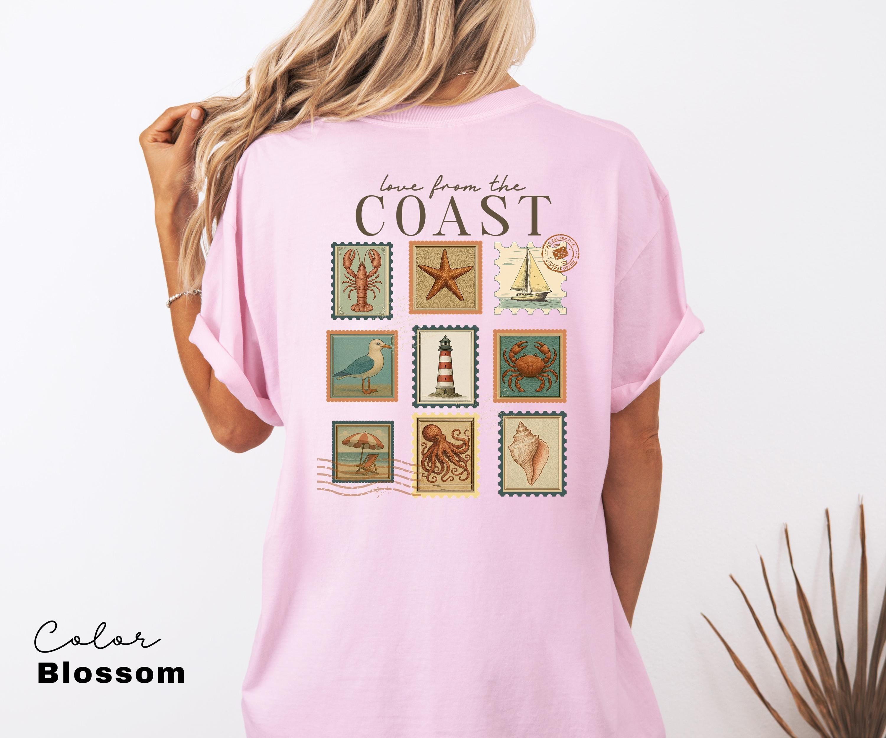 Summer Beach Shirt, Love from the Coast Shirt, Fisherman Aeshetic, Coastal Grandma, Back Print, Vintage Retro Summer, Postage Stamp