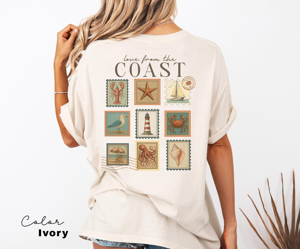 Summer Beach Shirt, Love from the Coast Shirt, Fisherman Aeshetic, Coastal Grandma, Back Print, Vintage Retro Summer, Postage Stamp