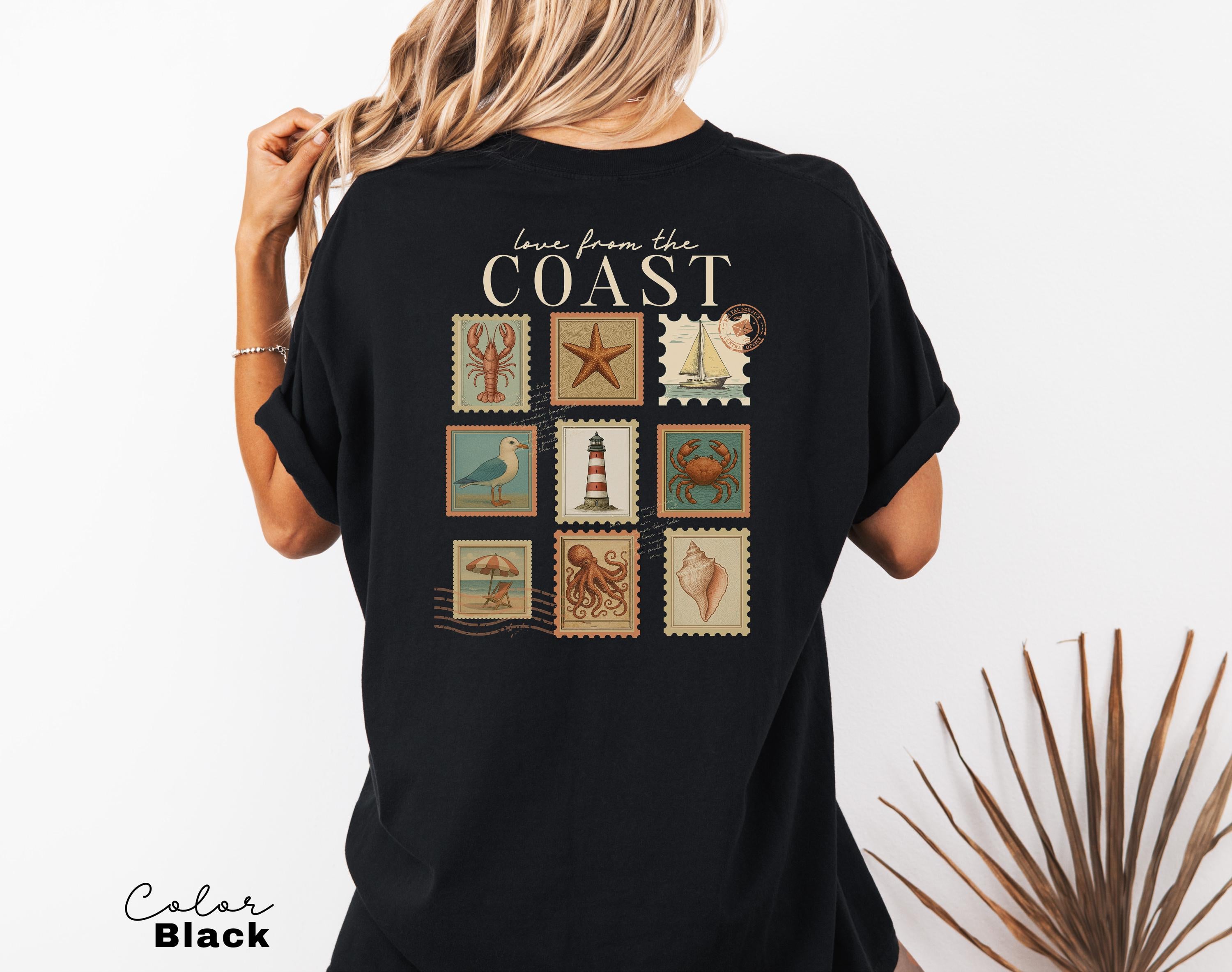 Summer Beach Shirt, Love from the Coast Shirt, Fisherman Aeshetic, Coastal Grandma, Back Print, Vintage Retro Summer, Postage Stamp