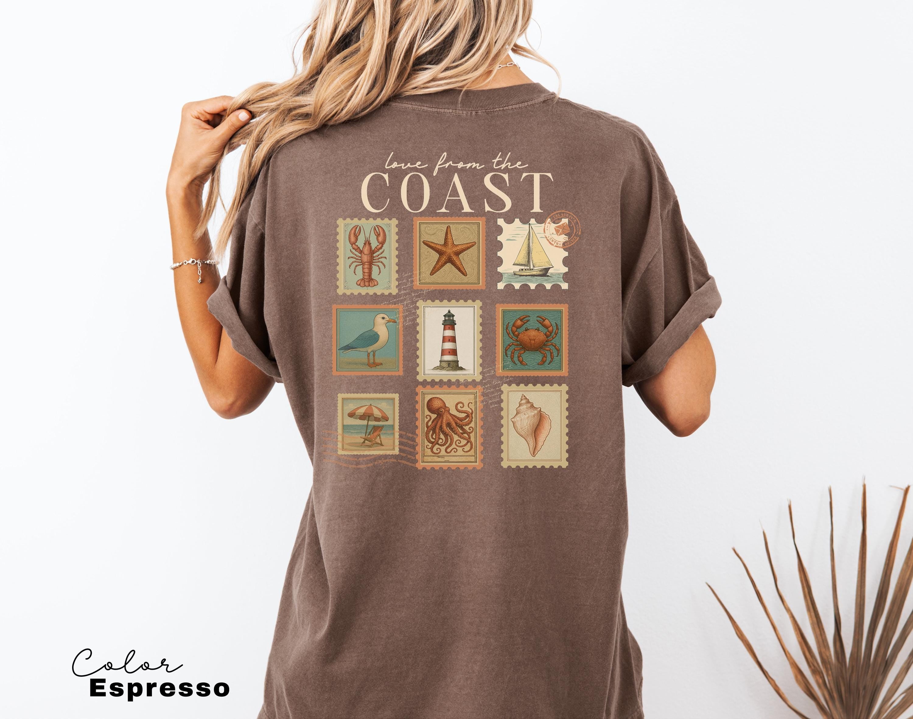 Summer Beach Shirt, Love from the Coast Shirt, Fisherman Aeshetic, Coastal Grandma, Back Print, Vintage Retro Summer, Postage Stamp