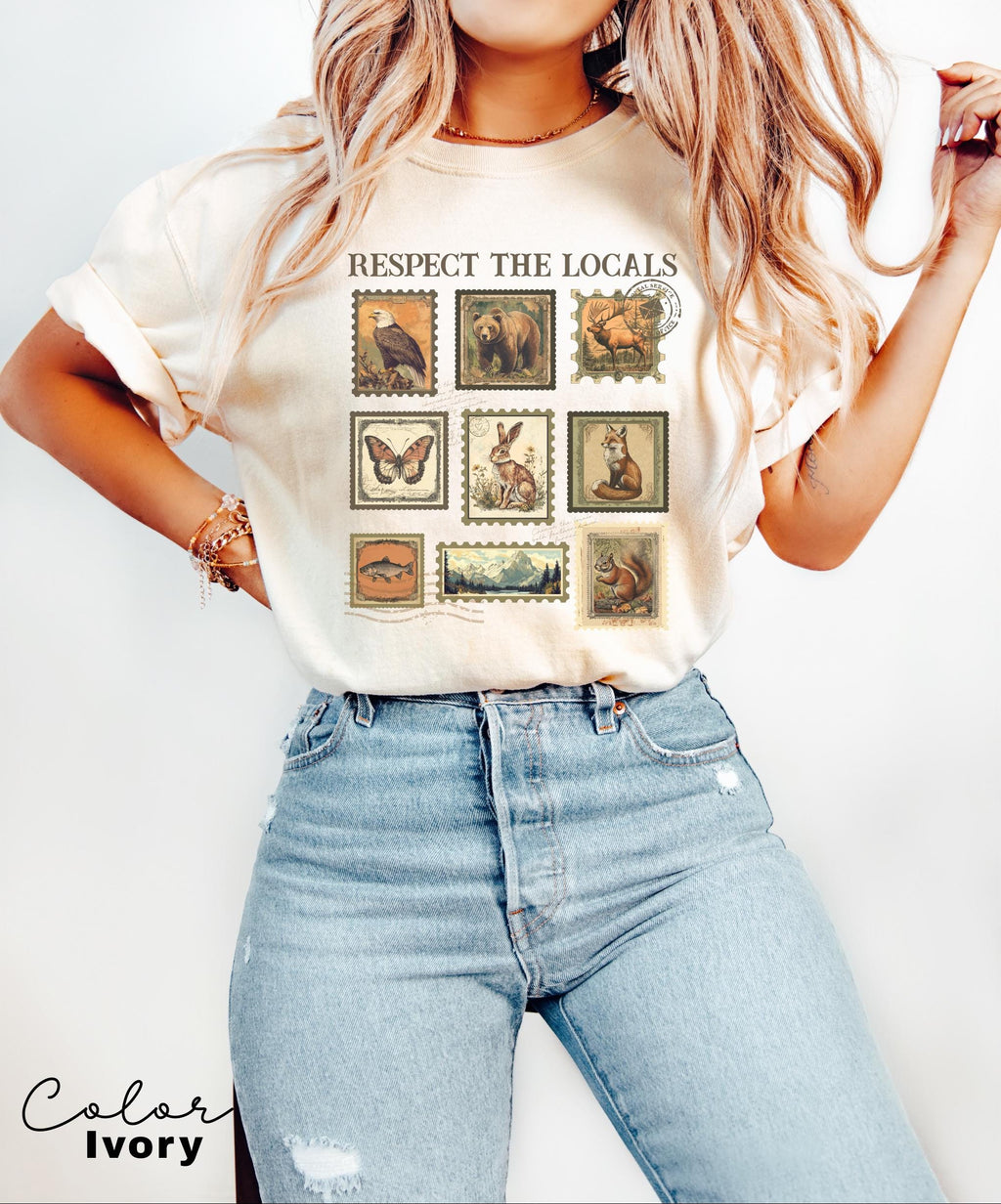 Respect The Local Wildlife T-Shirt, Gift For Nature Lover, Animal Lover, Protect National Parks, Granola Girl Shirt, Postage Postal Stamp