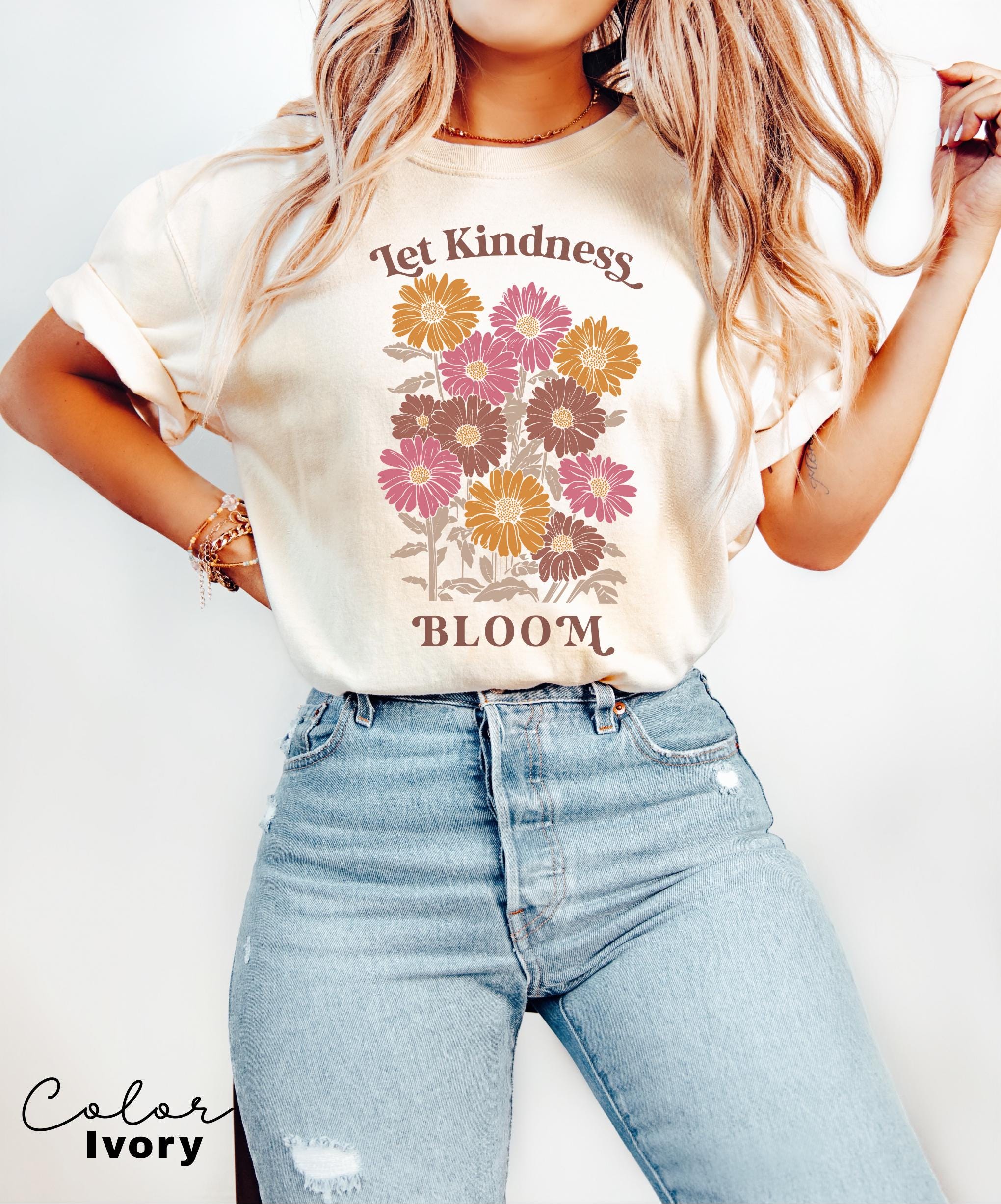 Let Kindness Bloom T-Shirt, Be Cool Be Kind Retro Flower Shirt, Positive Quote, Inspiration Women Sweater, Aesthetic Floral Kindness Tee