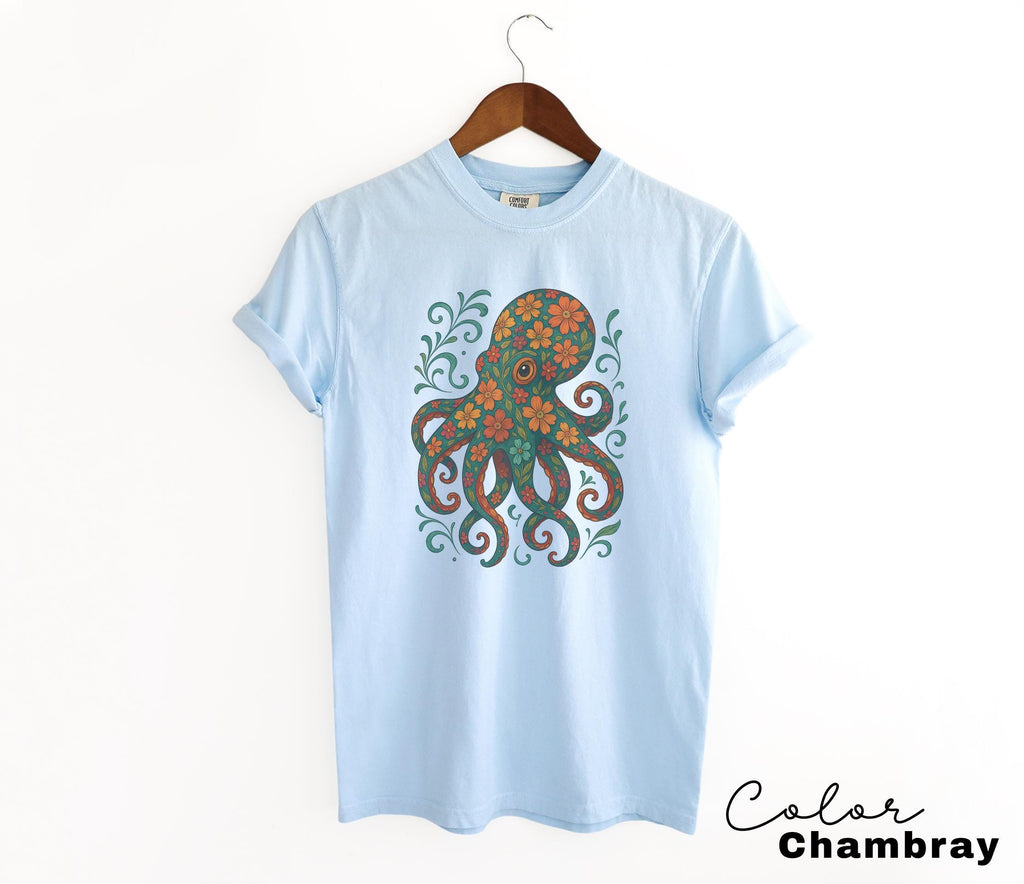 Octopus Flower Shirt, Floral Octopus T-Shirt, Scuba Diving Tee, Scuba Diver, Ocean Animal Lover Octopus, Comfort Colors Tee, Colorful Animal