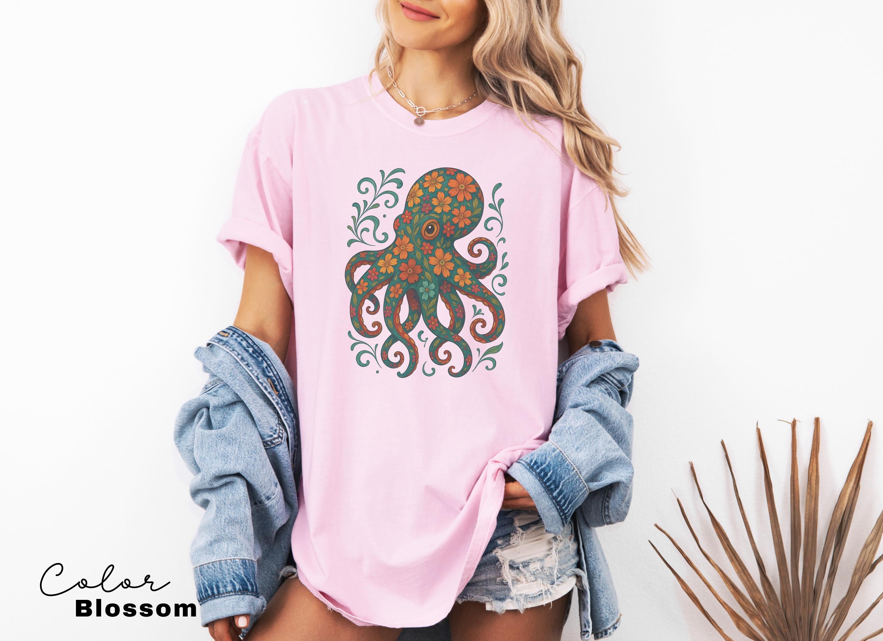 Octopus Flower Shirt, Floral Octopus T-Shirt, Scuba Diving Tee, Scuba Diver, Ocean Animal Lover Octopus, Comfort Colors Tee, Colorful Animal