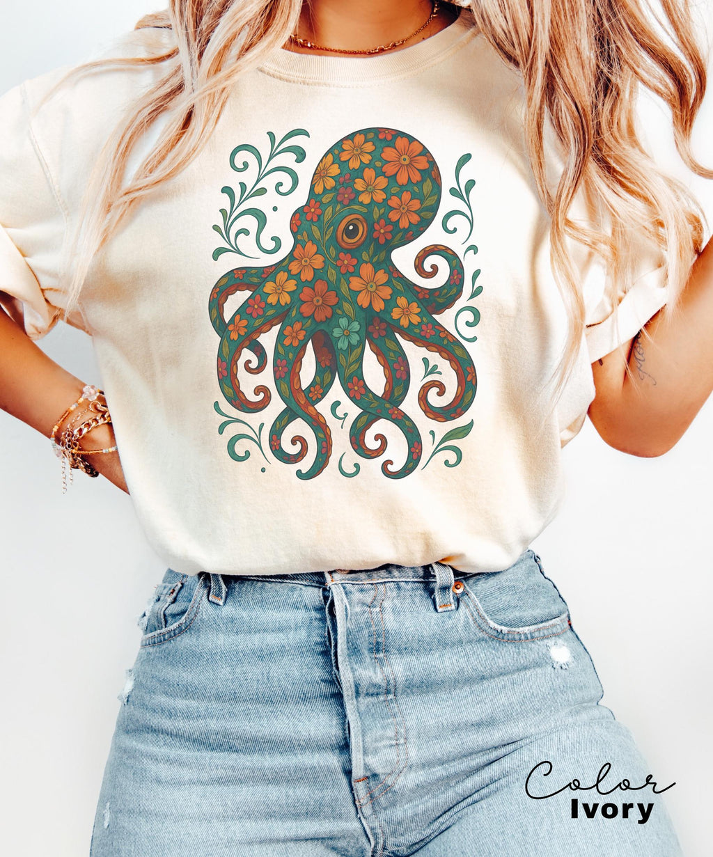 Octopus Flower Shirt, Floral Octopus T-Shirt, Scuba Diving Tee, Scuba Diver, Ocean Animal Lover Octopus, Comfort Colors Tee, Colorful Animal
