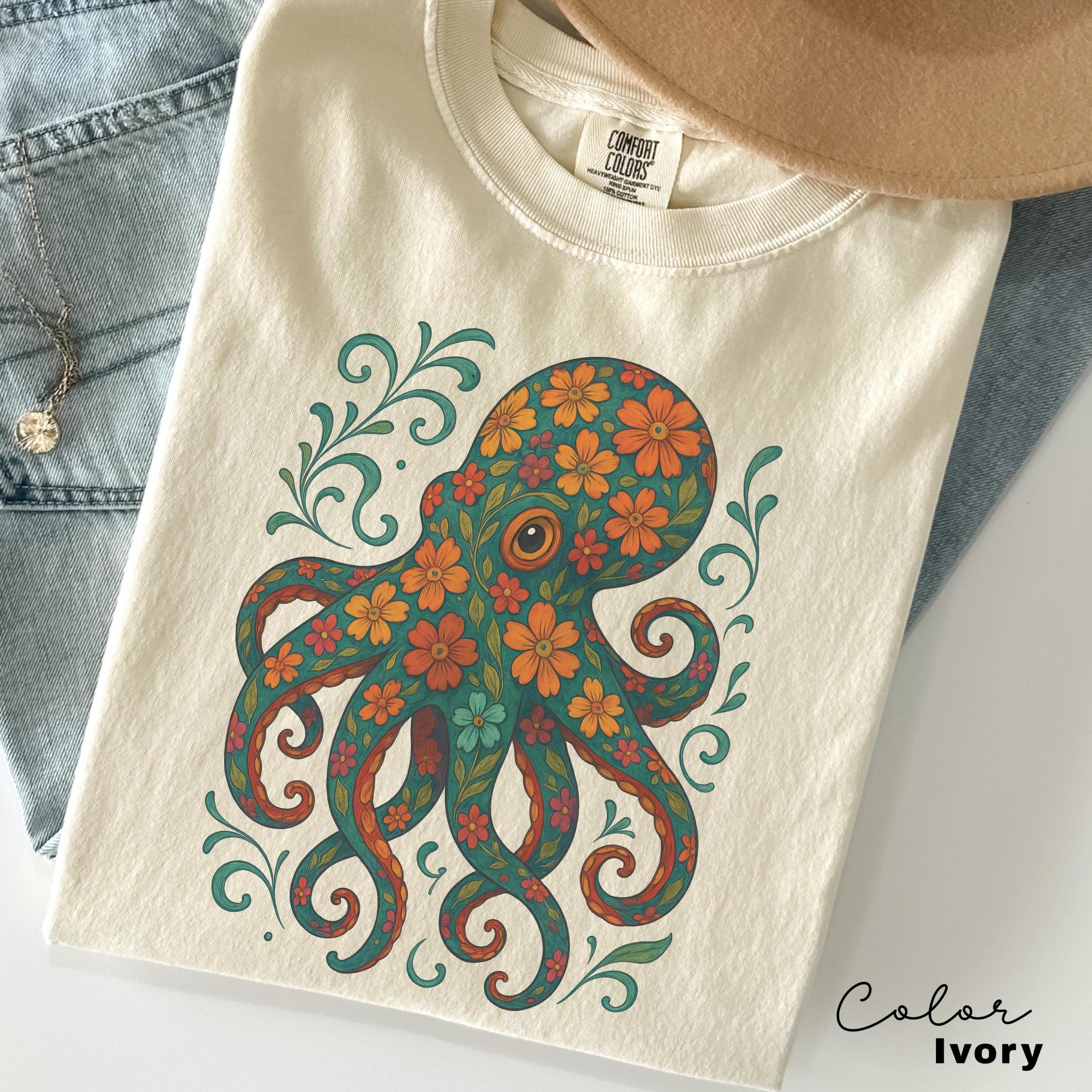 Octopus Flower Shirt, Floral Octopus T-Shirt, Scuba Diving Tee, Scuba Diver, Ocean Animal Lover Octopus, Comfort Colors Tee, Colorful Animal