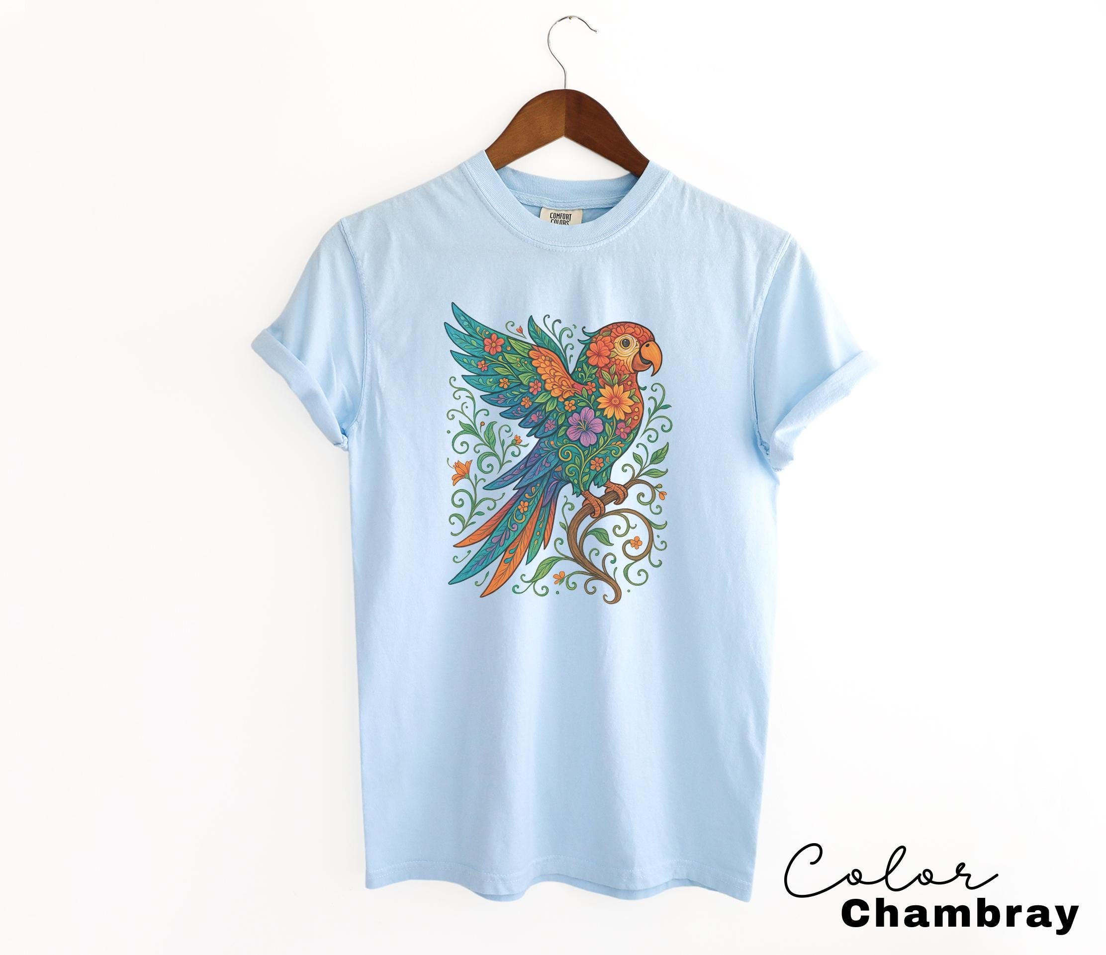 Floral Bird Shirt, Parrot Shirt, Animal Lover Tee, Bird T-shirt, Trendy Tee, Gift For Her, Bird Lover T-Shirt, Spring Birds, Summer Shirt