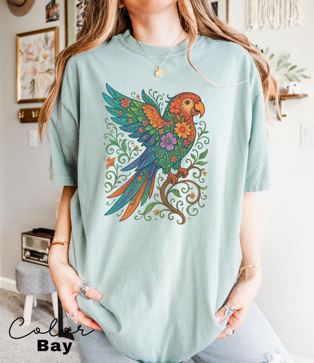 Floral Bird Shirt, Parrot Shirt, Animal Lover Tee, Bird T-shirt, Trendy Tee, Gift For Her, Bird Lover T-Shirt, Spring Birds, Summer Shirt