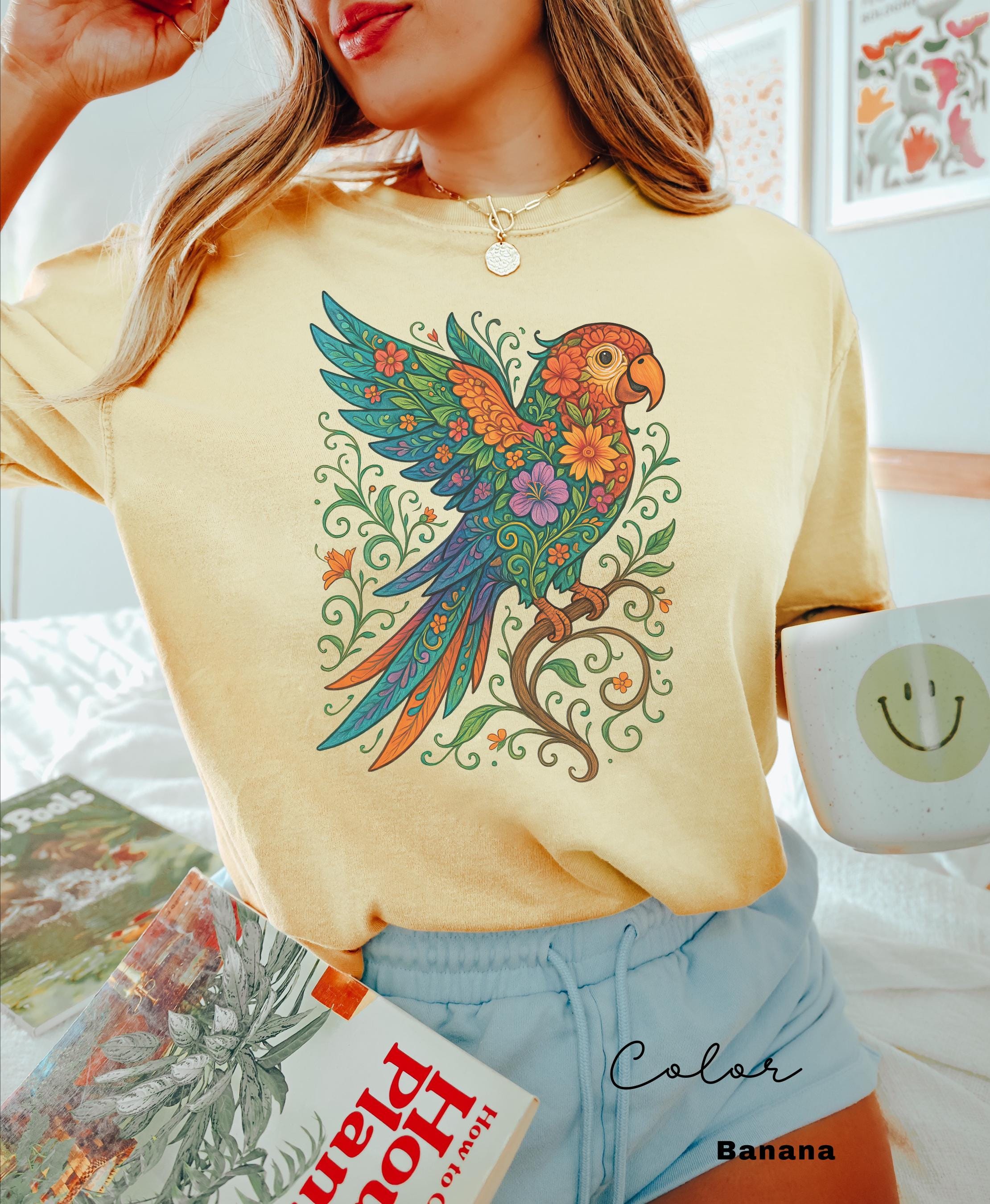 Floral Bird Shirt, Parrot Shirt, Animal Lover Tee, Bird T-shirt, Trendy Tee, Gift For Her, Bird Lover T-Shirt, Spring Birds, Summer Shirt