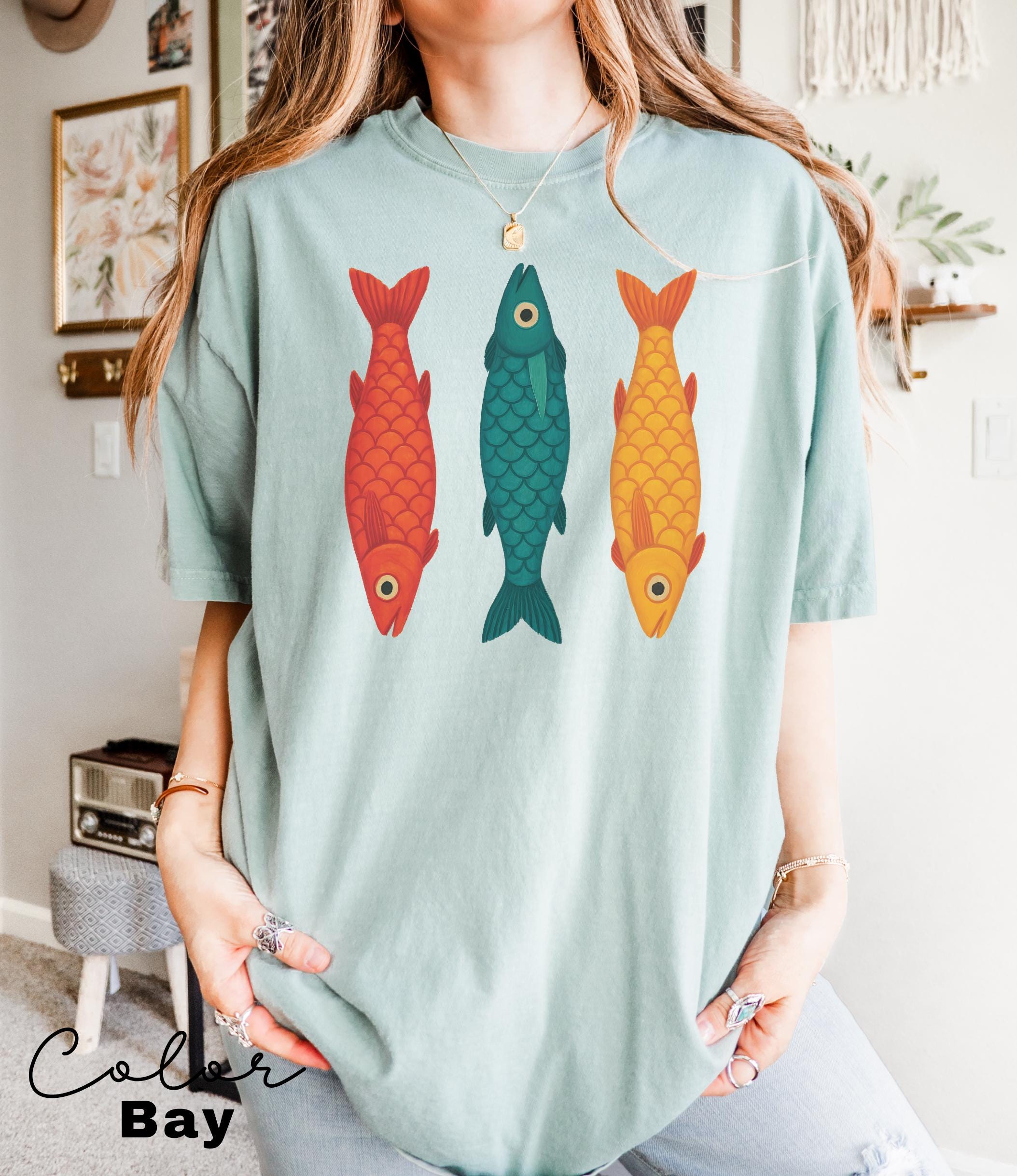 Fish Shirt, 90s Shirt Tomato Girl Tee Ocean Oversized Trendy Graphic Tshirt Summer Coastal Grandma Fisherman Aesthetic Colorful Fish