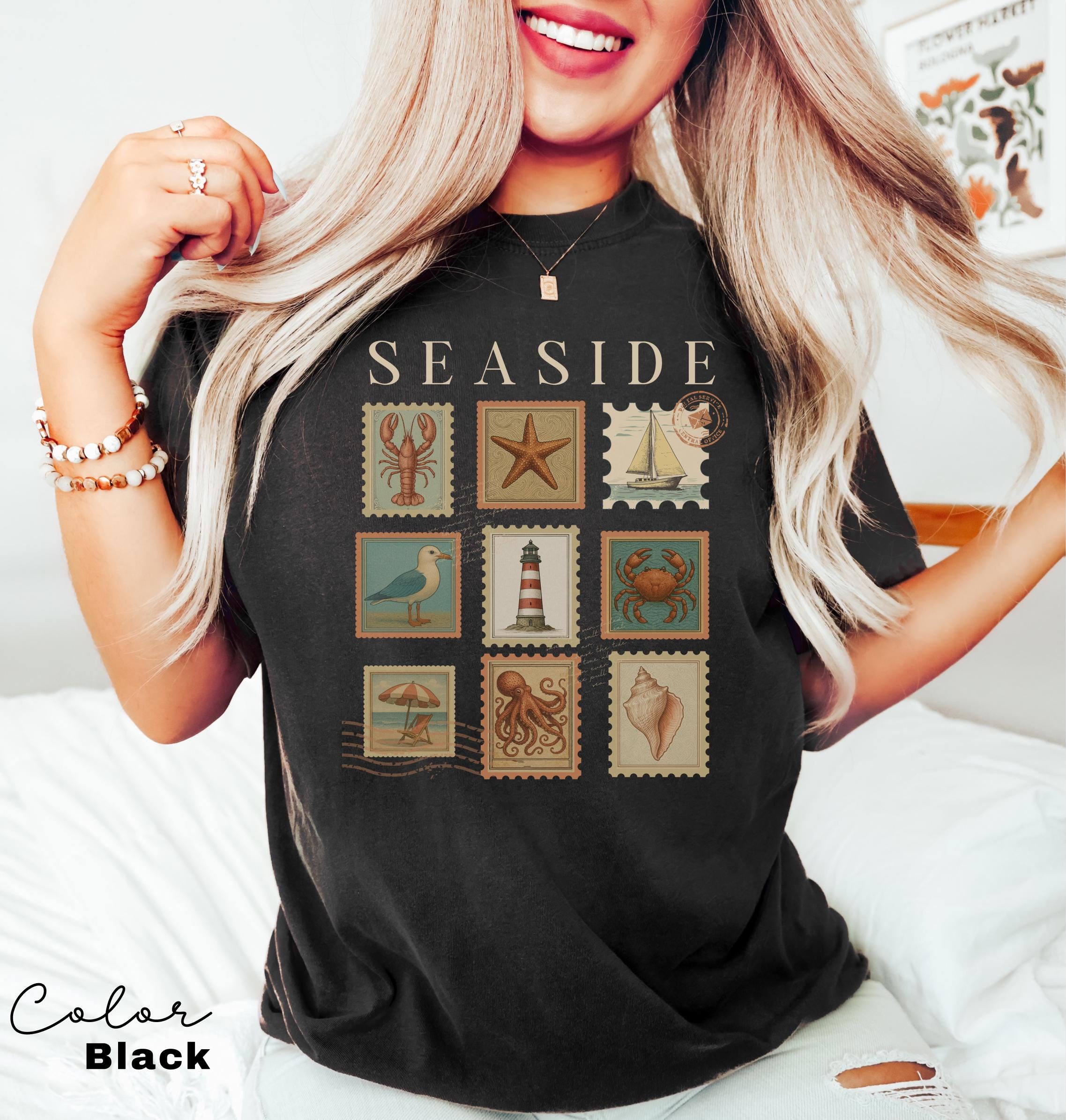 Summer Beach Shirt, Seaside Shirt, Fisherman Aeshetic, Coastal Grandma, Summer Vacation, Vintage Retro Summer, Postage Stamp, Lobster Shirt