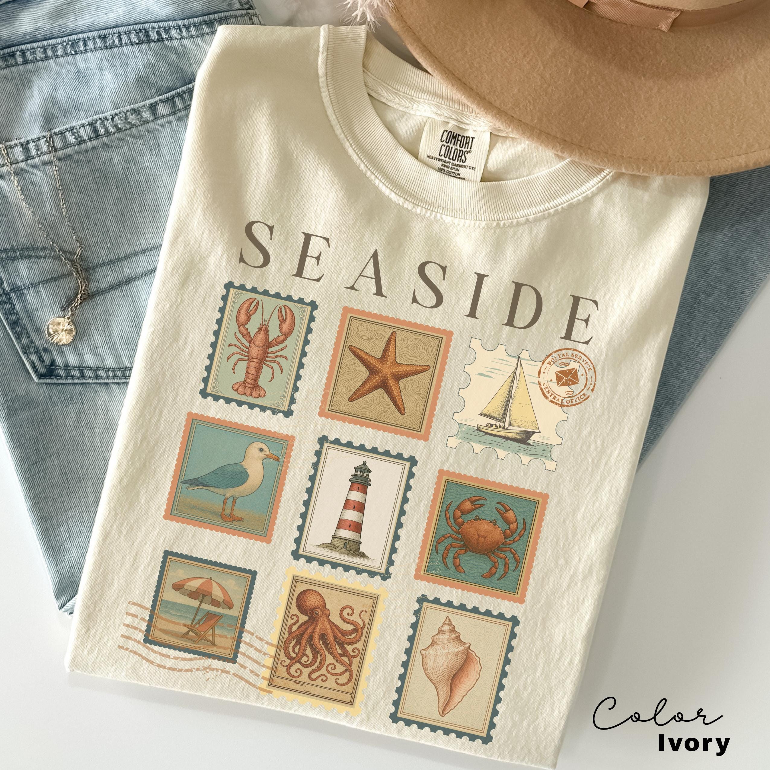 Summer Beach Shirt, Seaside Shirt, Fisherman Aeshetic, Coastal Grandma, Summer Vacation, Vintage Retro Summer, Postage Stamp, Lobster Shirt